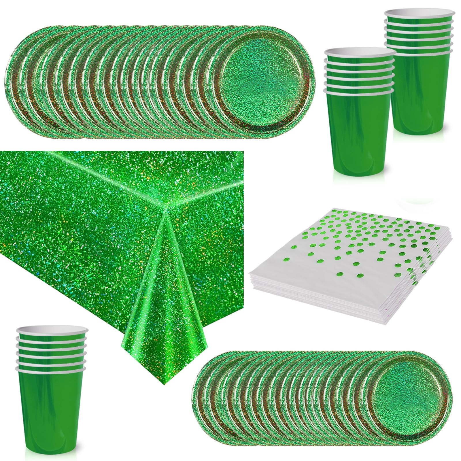 65Pcs Metallic Foil Green Party Tableware Set,Plastic Green Table Cloths Parties,Disposable Paper Plates,Napkins and Cups Dinnerware Set for Kids Adults Men Women Birthday,Christmas Party Decorations — image 1