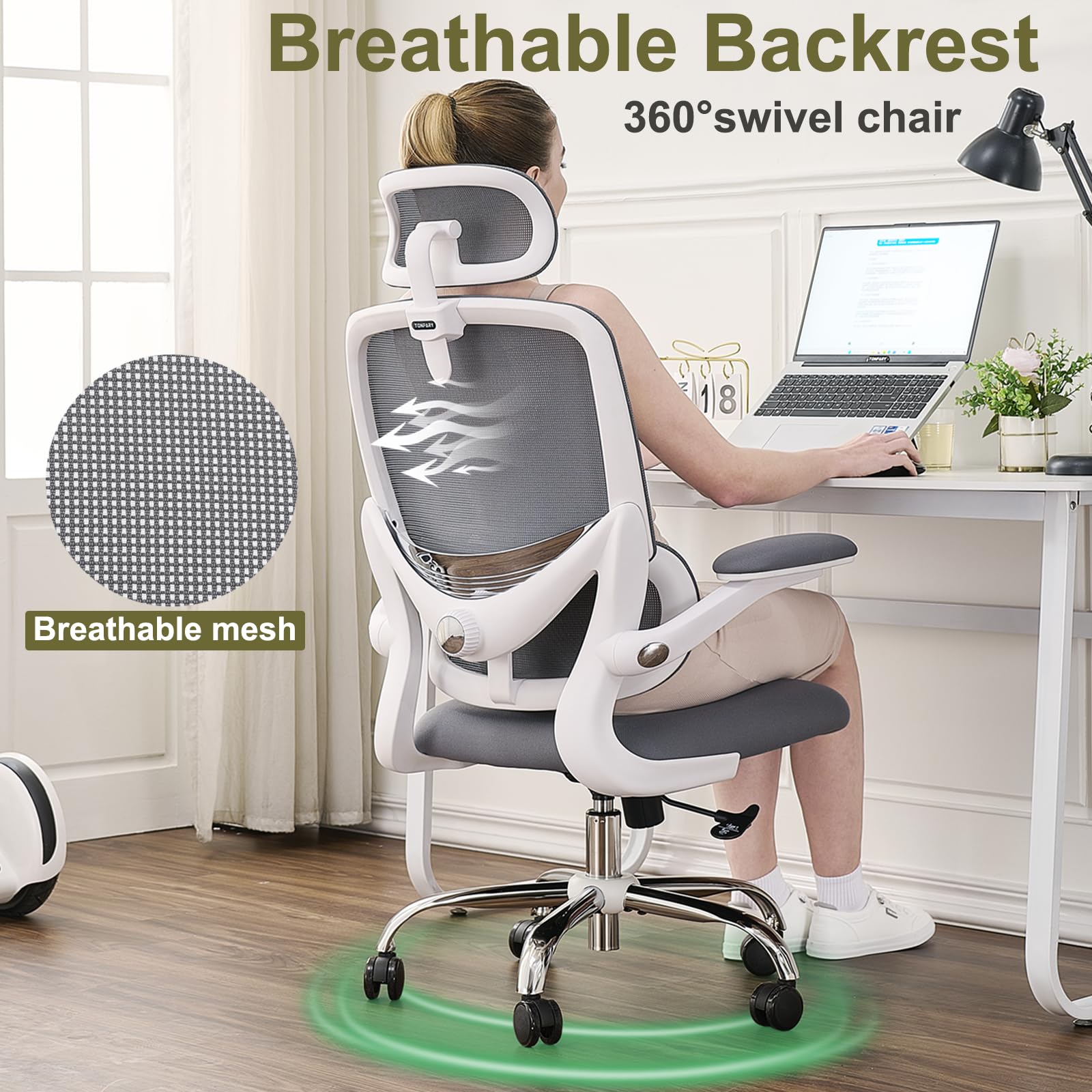 Silla Ergonómica para Oficina, Silla de Escritorio Respaldo Alto de Malla, Soporte Lumbar Ajustable, Reposabrazos Abatible, Reposacabezas Desmontable, Silla Giratoria para Juegos, 150 KG