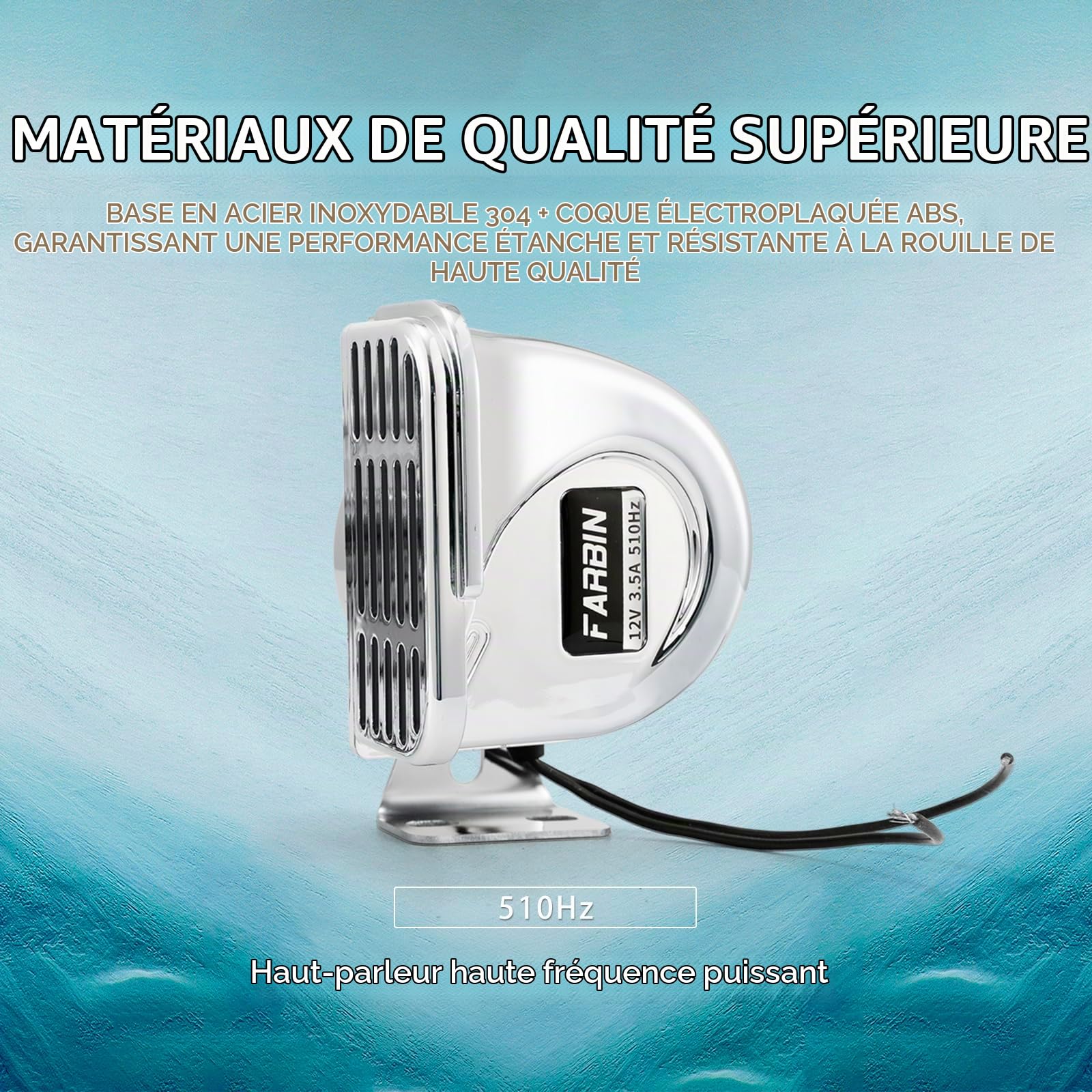 FARBIN Klaxon marin pour bateaux, 12 V, étanche, 510 Hz, en acier inoxydable, pour bateaux, voiliers, yachts, camions, SUV, RV, tourisme, voiture, etc.