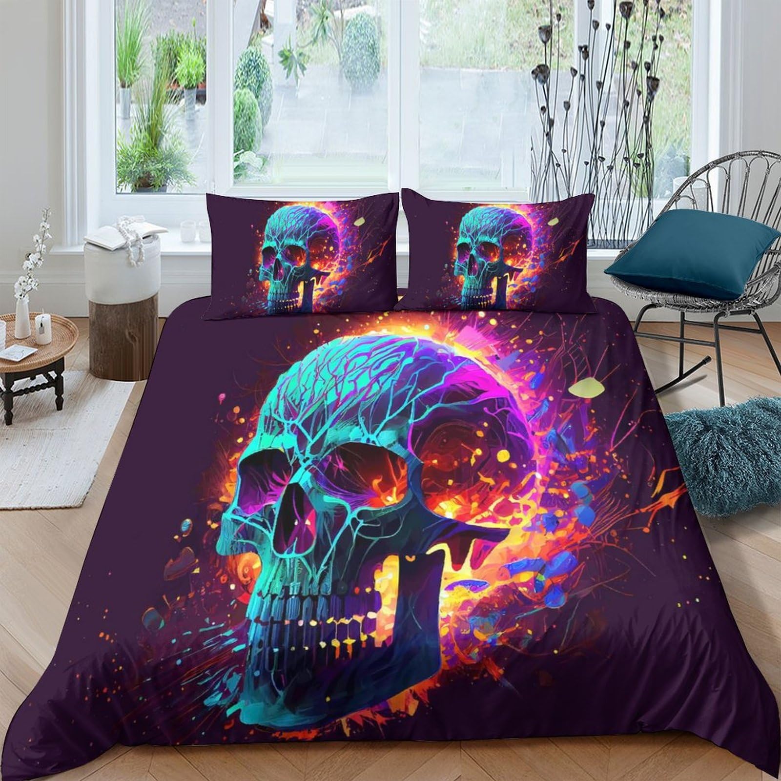 Ctjqhvkz Style-8 3D Printed Neon Skull Fitted Sheet Microfiber Soft Breathable Graffiti Art Mattress Cover For Bedroom Decor Single（135X200cm）