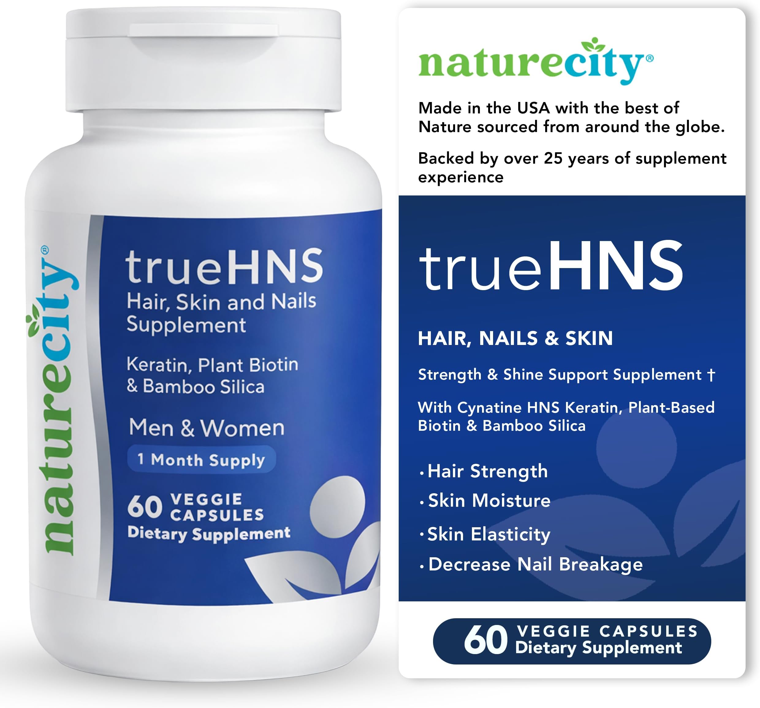 NatureCity True-HNS Hair & Nails Supplement, Plant Based Biotin, 60 Caps
