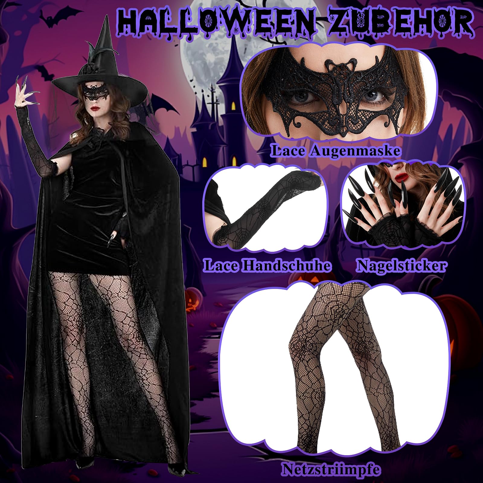Witch Costume Set, Witches Costumes for Women Witches Costume Accessories Include Witch Hat, Spider Web Gloves, Cape, Nail - Image 3