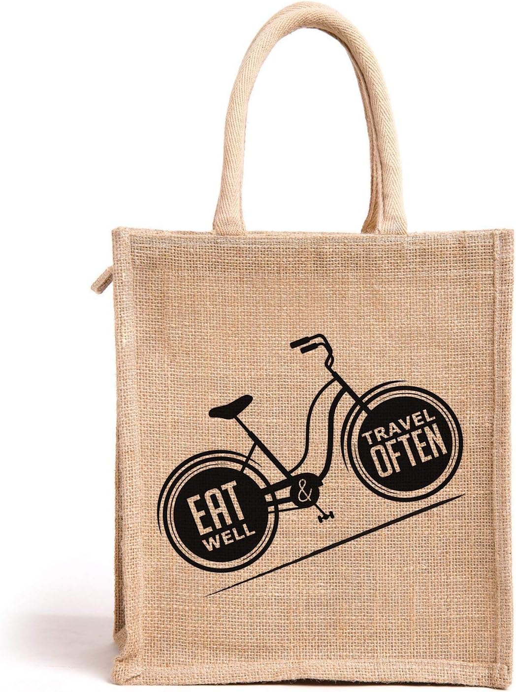 Jute Bags for Lunch - Men's Tote with Zip (Eat Well Travel, 11x10x6 in)
