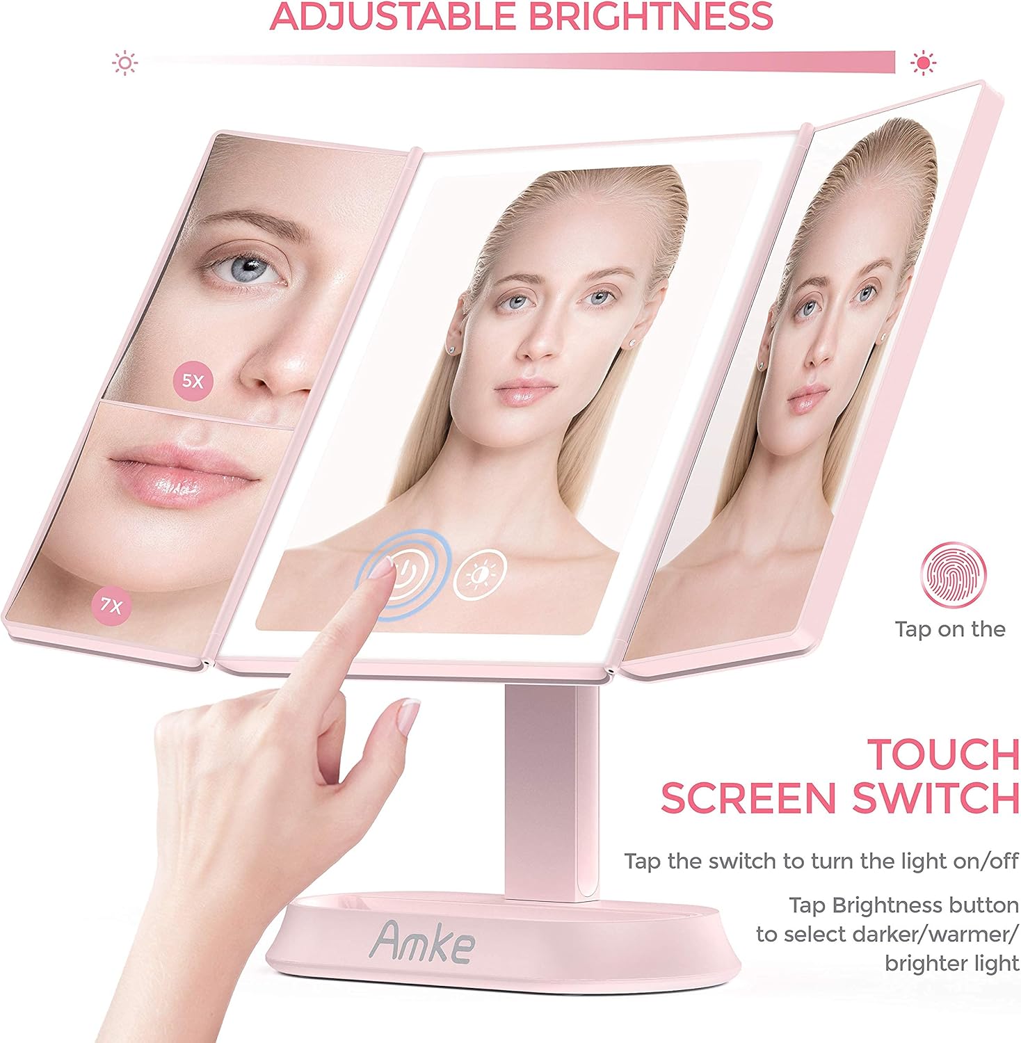 Makeup Mirror with Lights, AMKE 80 LED Vanity Mirror Light, Lighted Up Mirror Dimmable, 1X 5X 7X Magnification, 3 Color Lighting Modes, Portable High Definition Beauty Cosmetic Trifold Mirror: Office Products