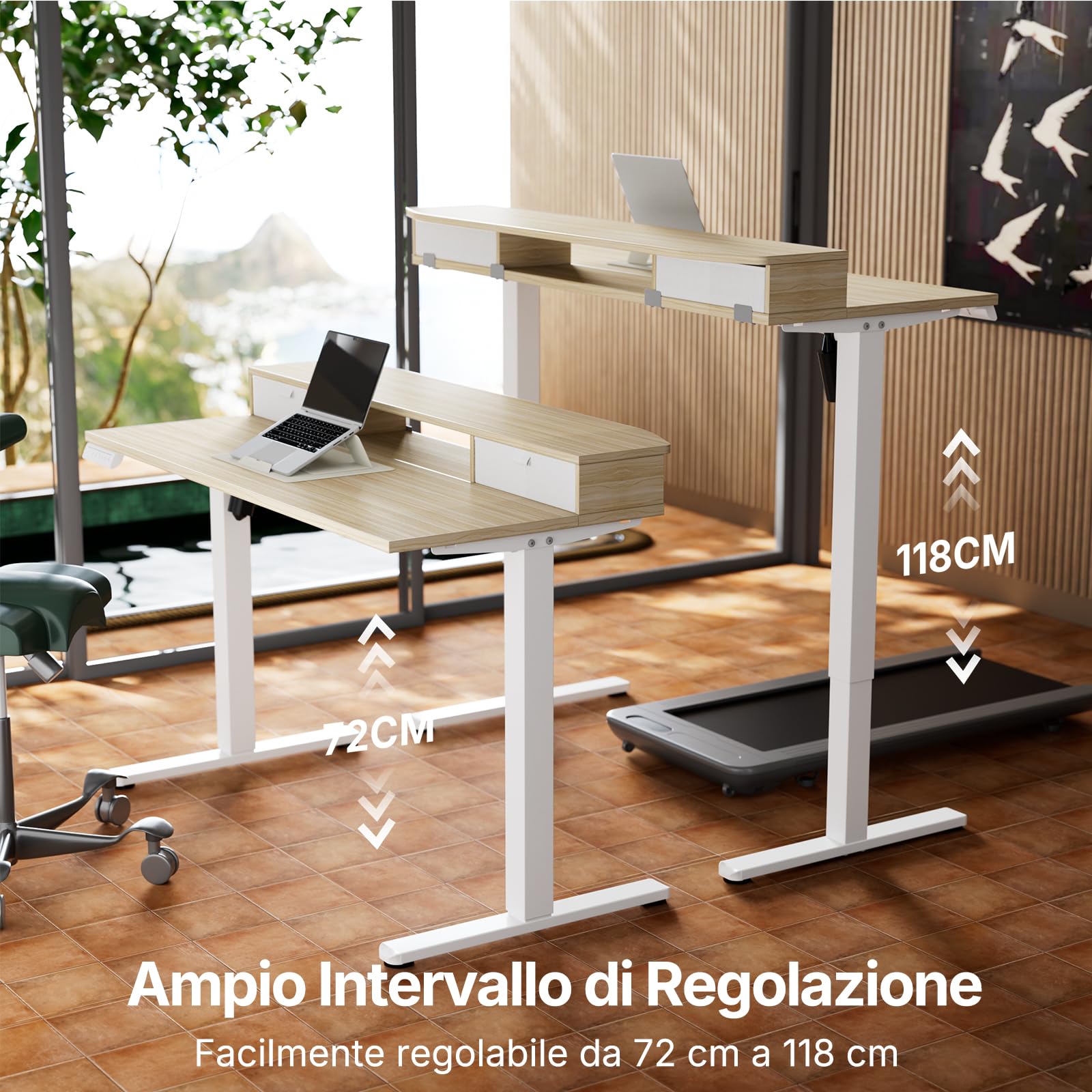 HUANUO Scrivania con Cassetti 100 x 60 cm 4 Memorie | Supporto a Morsetto a C, Scrivania Regolabile in Altezza, Stand Up Ufficio