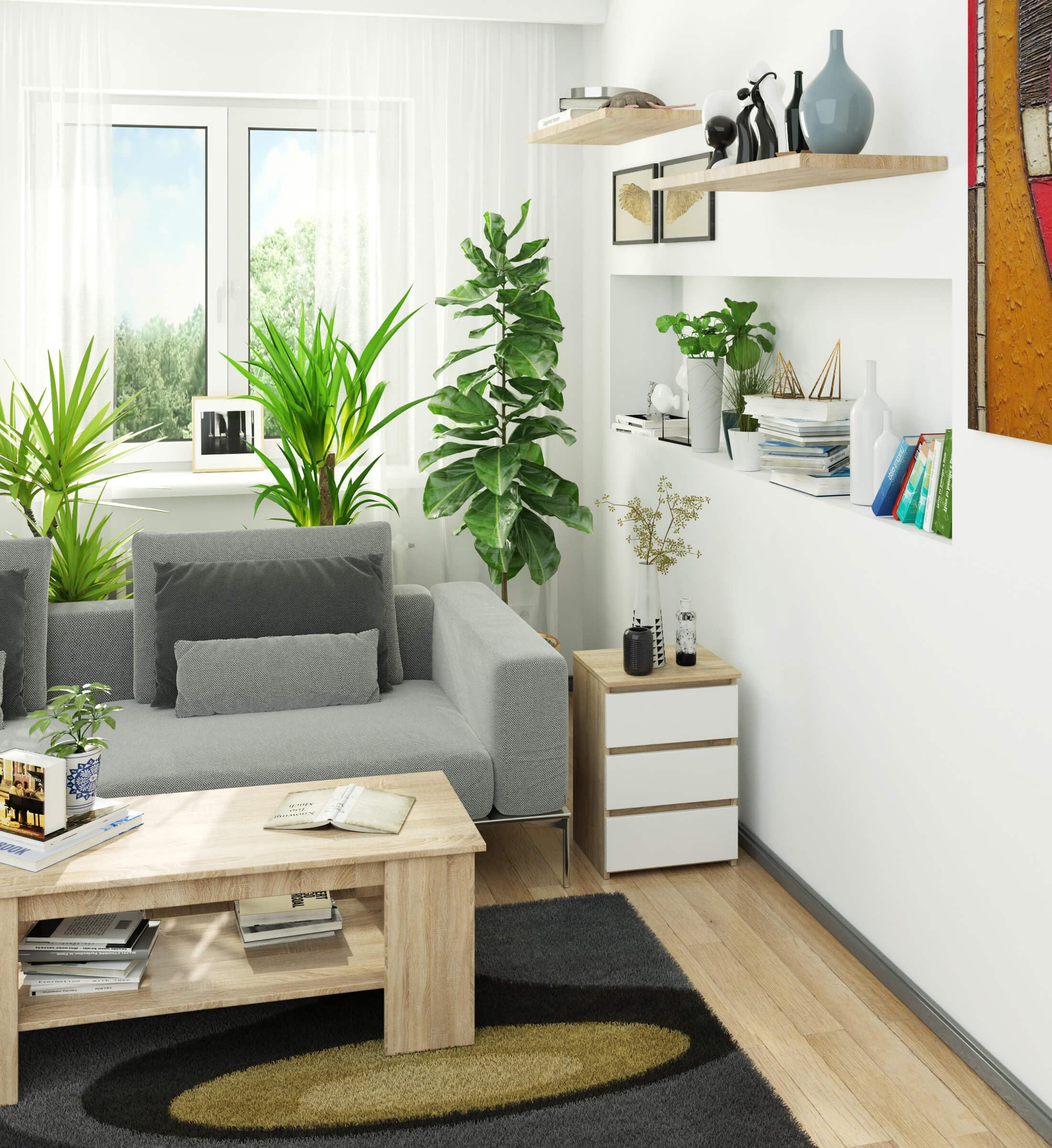 AKORD | Mesita de Noche CL-3 con 3 cajones | Sala de Estar, Dormitorio, Armario, Oficina y Estudio | Diseño Moderno y Funcional | 35 x 40 x 57 cm, 26 kg | Roble Sonona | Blanco