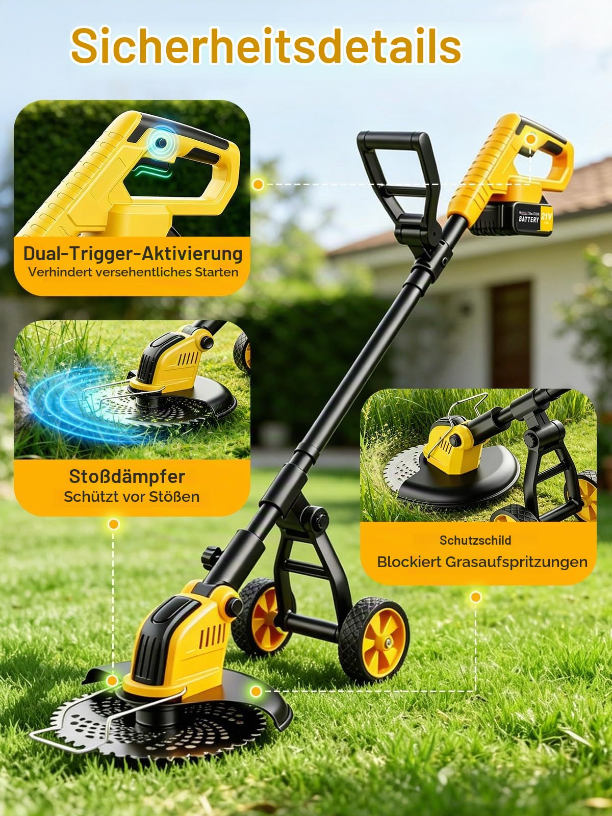 4 in 1 Akku Rasentrimmer mit Rädern,30CM Elektro Rasentrimmer mit 2 * 3000 mAh Batterie und Ladegerät,800W Bürstenloser Motor,21V Freischneider mit 4 Klingentypen für Gärten,Höfe und Gehwegkanten
