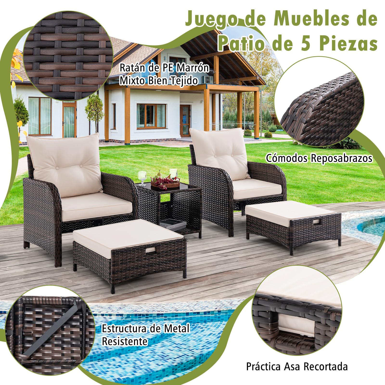 GYMAX Conjunto de Muebles de Jardín de Ratán 5 Piezas, Muebles Jardin Exterior con Cojines, 2 Sillones 2 Otomanas y Mesa Baja en Vidrio Templado, para Cojines, Jardín Patio Piscina, Beige