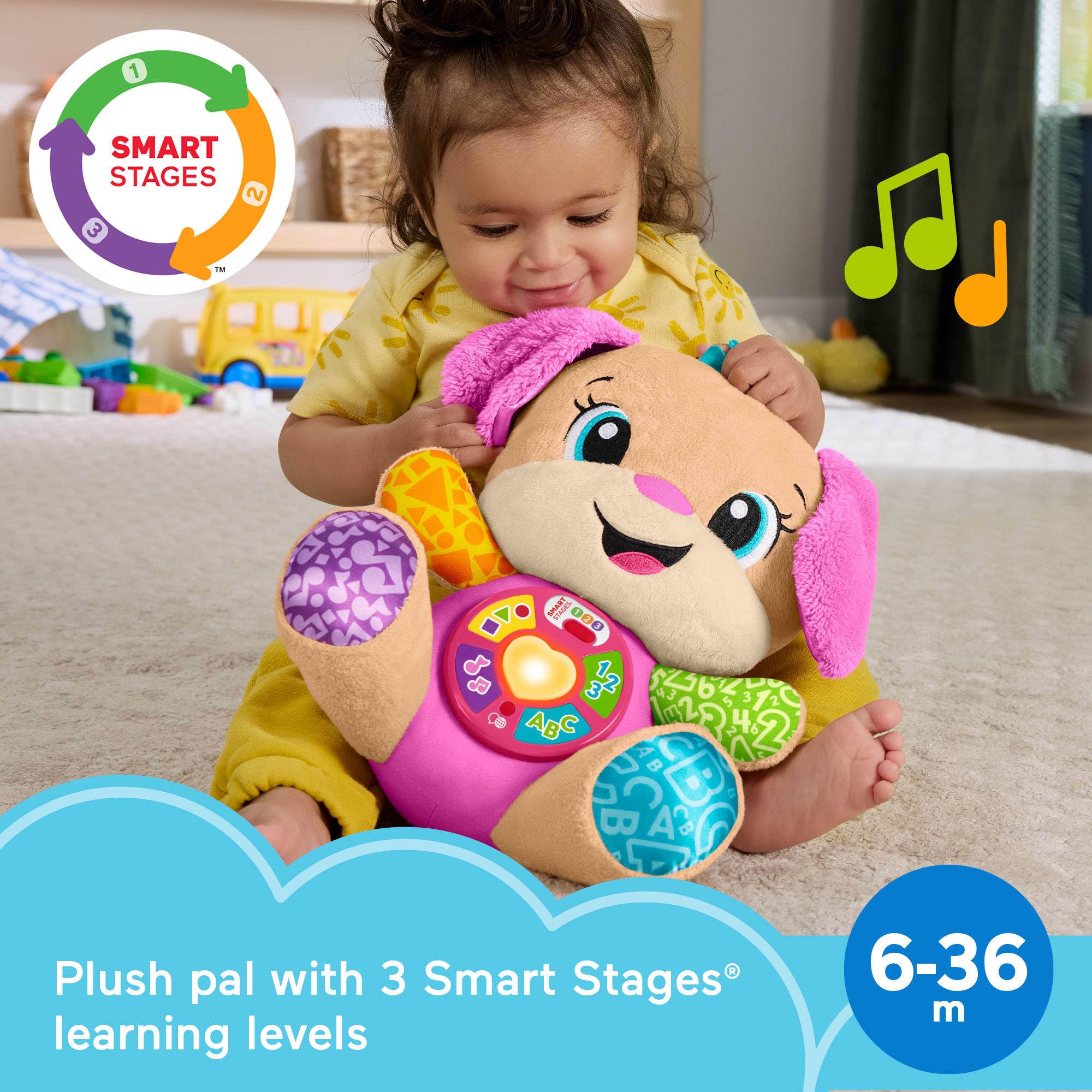Fisher-Price Juguete Educativo para bebés riendo y aprendiendo escenarios Inteligentes, diseño de Peluche Musical Rosa con escenarios Inteligentes para bebés a Partir de 6 Meses, versión multilingüe