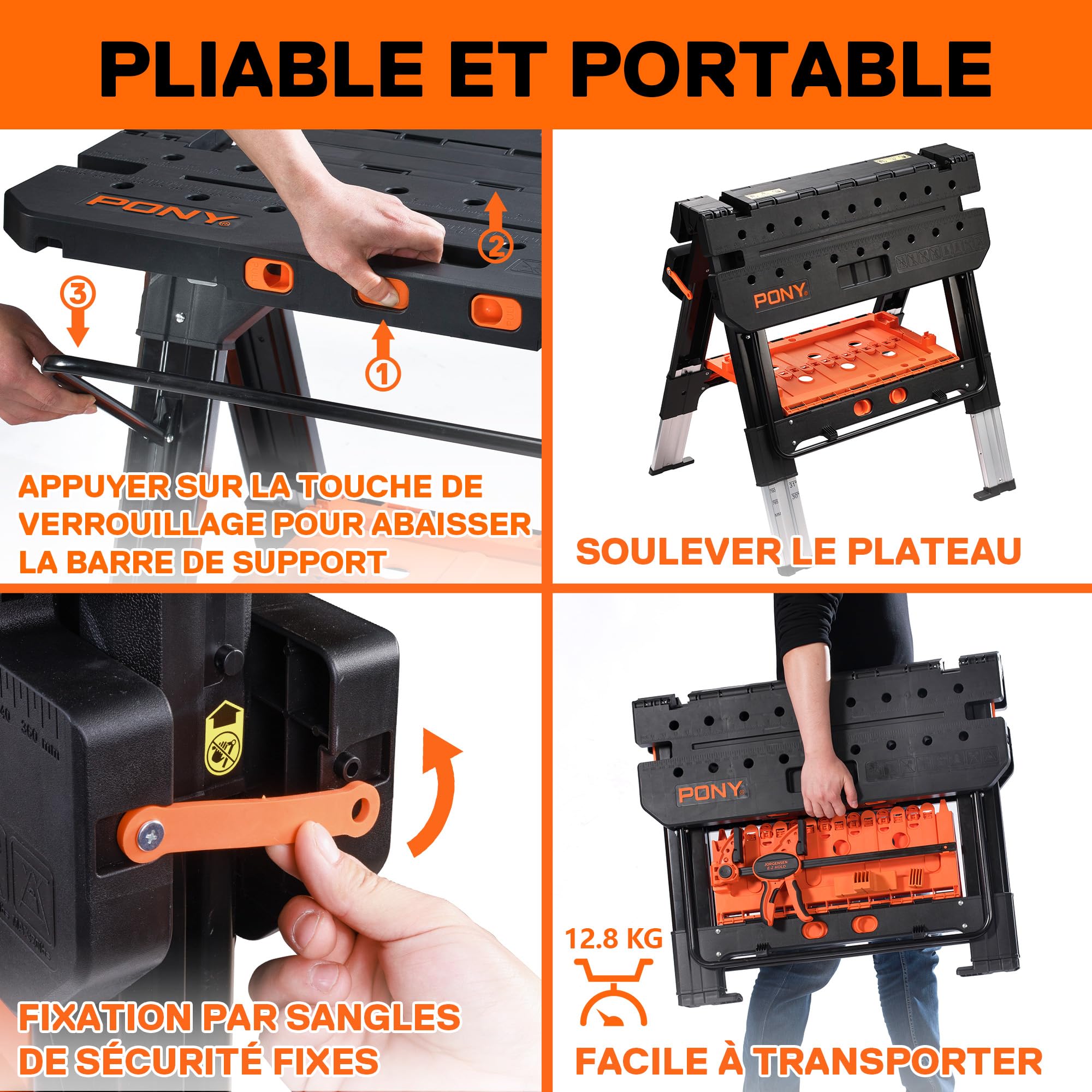 PONY Établi de Serrage 2 en 1, Établi Pliant avec 4 Serre-Joints, Chevalet de Sciage et Table de Travail, Capacité de Charge Jusqu’à 454 kg / 227 kg, Pieds en Aluminium pour Une Stabilité Optimale