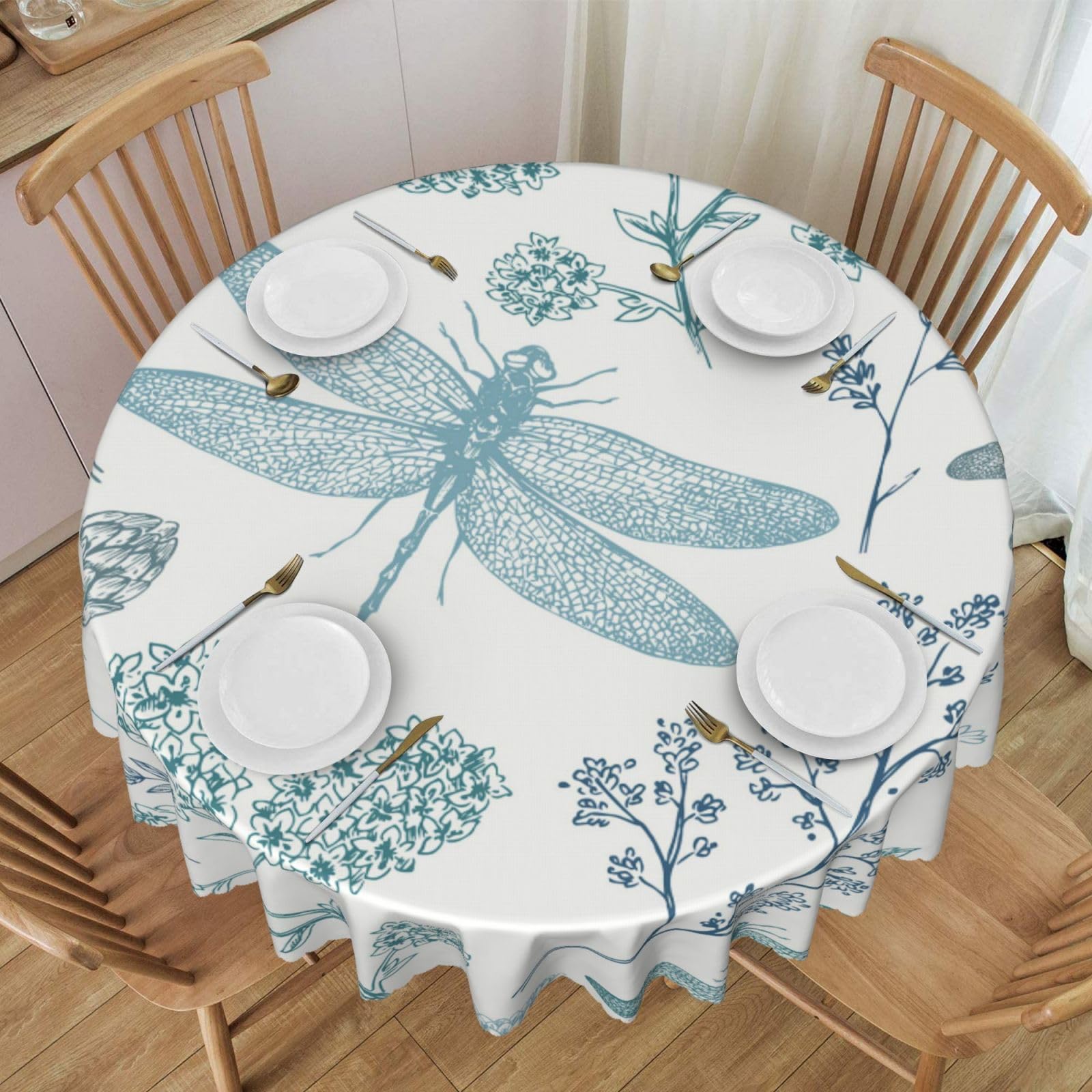 DCEHGEW 60 In Round Tablecloth with Lace, Dragonfly Printed Oilproof & Washable Fabric Picnic Table Cloth Table Covers