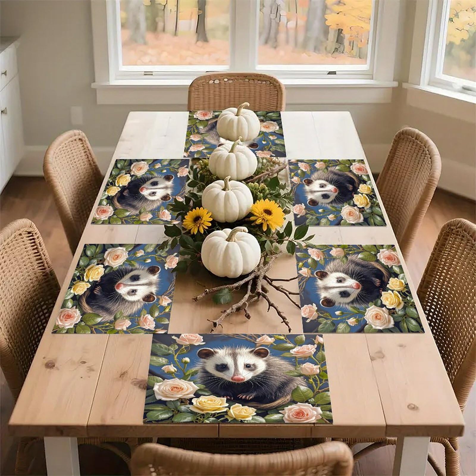 Opossum and Roses Placemats Flax Place Mats for Dining Table Rectangle Non-Slip Table Mats Heat Resistant Washable Placemat for Kitchen Home Decor Party Outdoor 12" X 18"