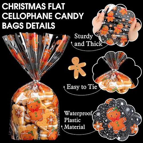 Miniatura 9 de utus - 100 bolsas de regalo de Navidad con copos de nieve, Papá Noel, bolsas de plástico planas de celofán para panadería, palomitas de maíz,