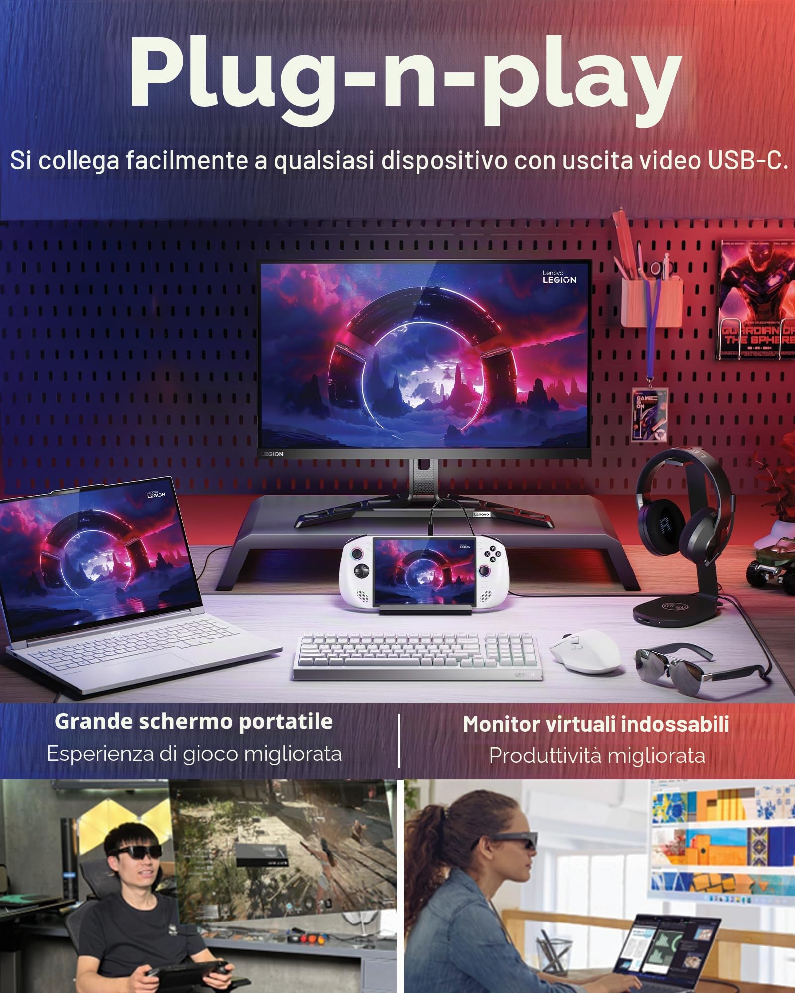 Lenovo Legion Glasses Gen 2 - Monitor indossabile Personale Micro-OLED per Giochi e Film, Display Plug-And-Play FHD 60Hz Legion Go e dispositivi USB-C, Audio ad Alta fedeltà e Privacy