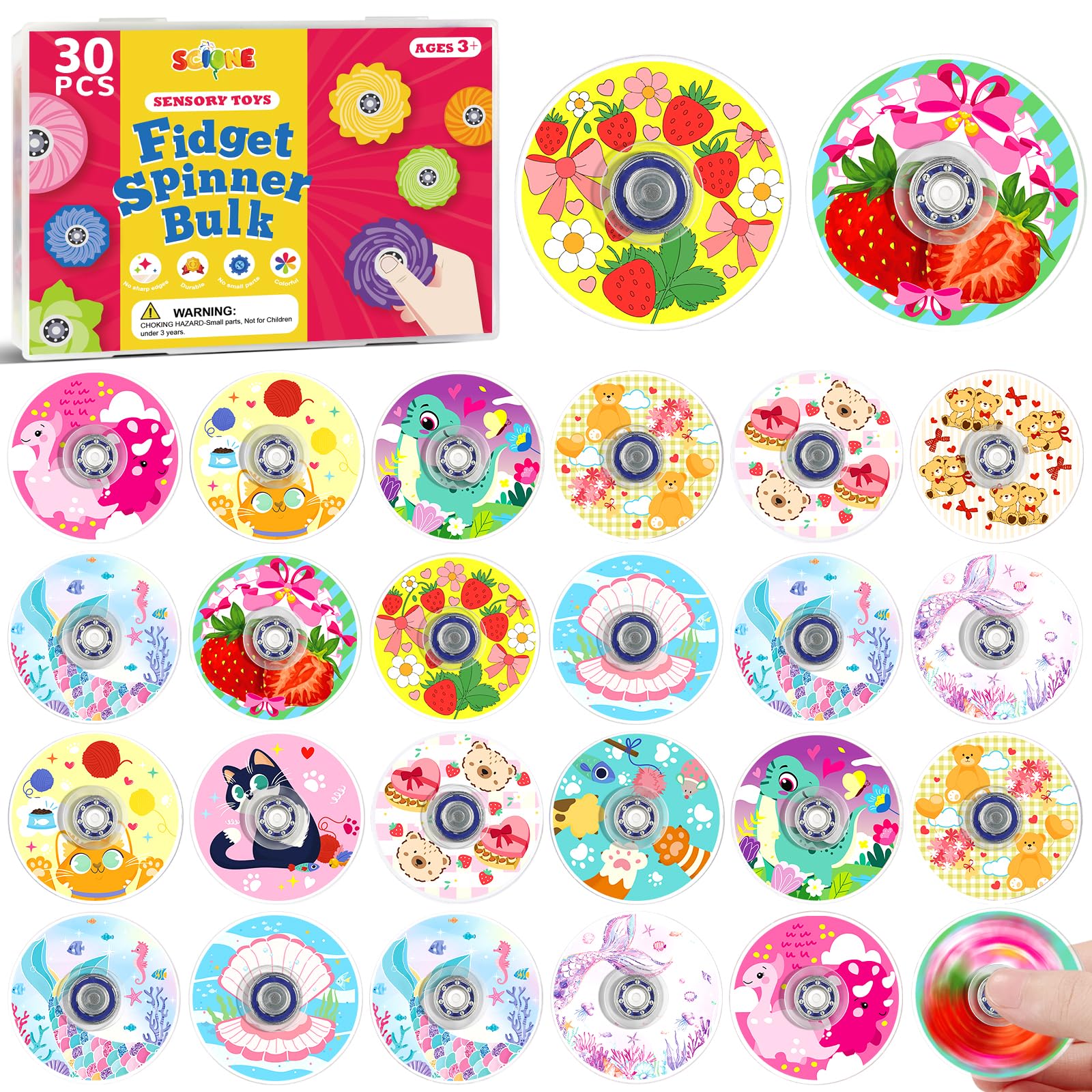 SCIONE 30 Pcs Mini Fidget Spinners Cute Mixed Party Bag Fillers Kids Toy