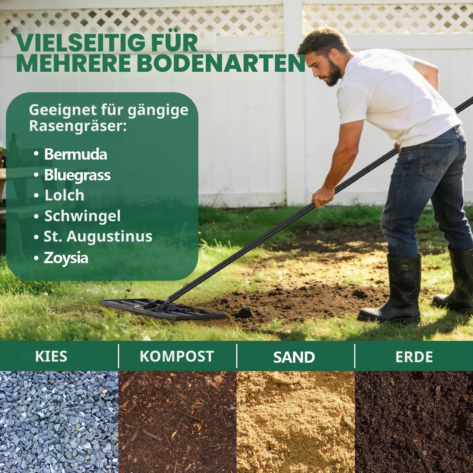 ROCKY&CHAO Rasenrakel 43*25 cm mit 210 cm Edelstahl-Stiel–2-in-1 Rasenrechen mit 50 Zähnen &Glattseite, rostfrei & stabil, Rasen Rakel zum Rasen Sanden und Nivellieren von Erde und Boden