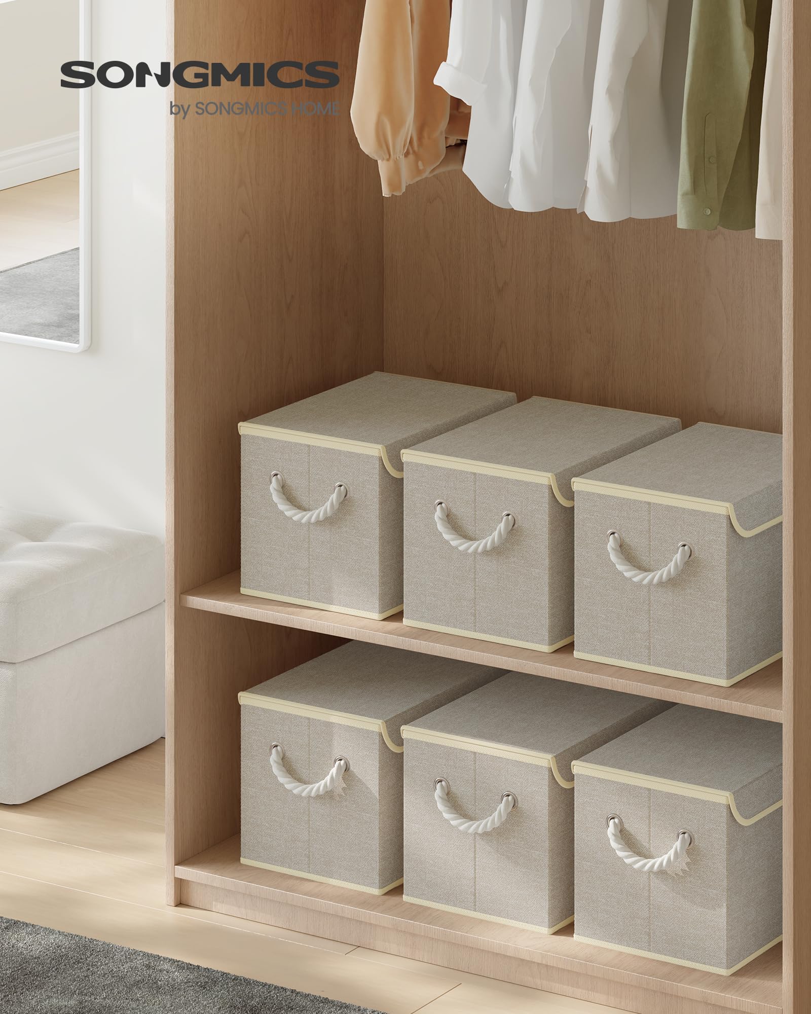 SONGMICS Scatole Portaoggetti con Coperchio, Set di 3, Contenitori in Tessuto Pieghevoli, Organizer per Armadio, Manici, per Camera da Letto Soggiorno, 38 x 25 x 25 cm, Beige Sabbia RFB013LZ01