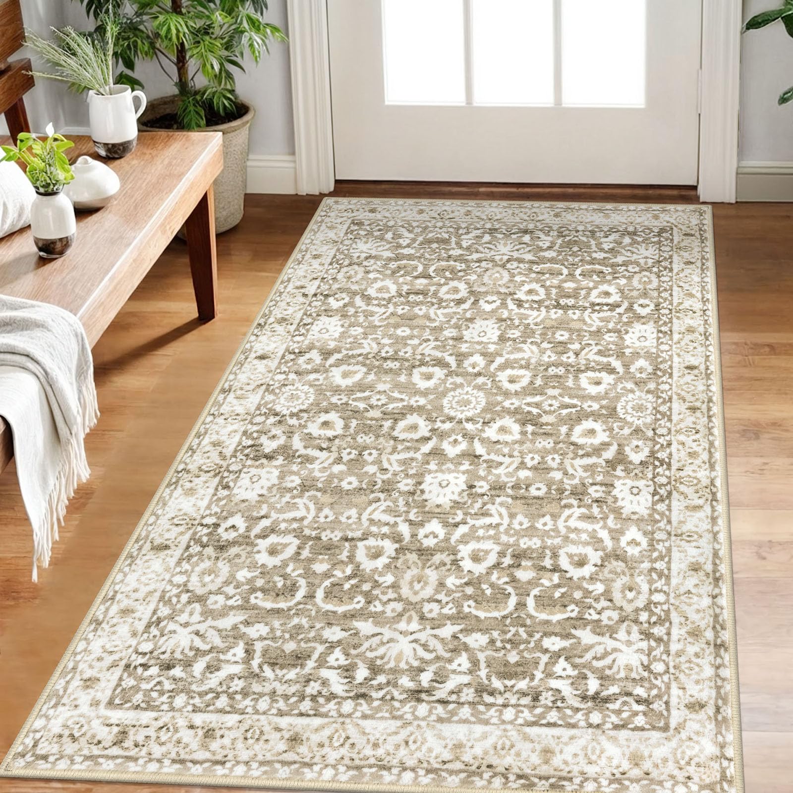 Lansny Vintage Floral 3x5 Rug, Beige Tan White Entryway Rug Neutral Small Area Rug Washable Non-Slip Throw Rug, Thin Printed Faux Wool Kitchen Rugs