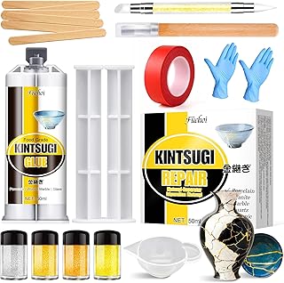 Kintsugi Repair Kit, Japanese Kintsugi Craft Kit with 50ml Food-Grade Ceramic Glue, 4 Colors Gold/Silver/Mica Powder for Fixing Broken Ceramics, Porcelain, Jade & Glass, Perfect for Beginners