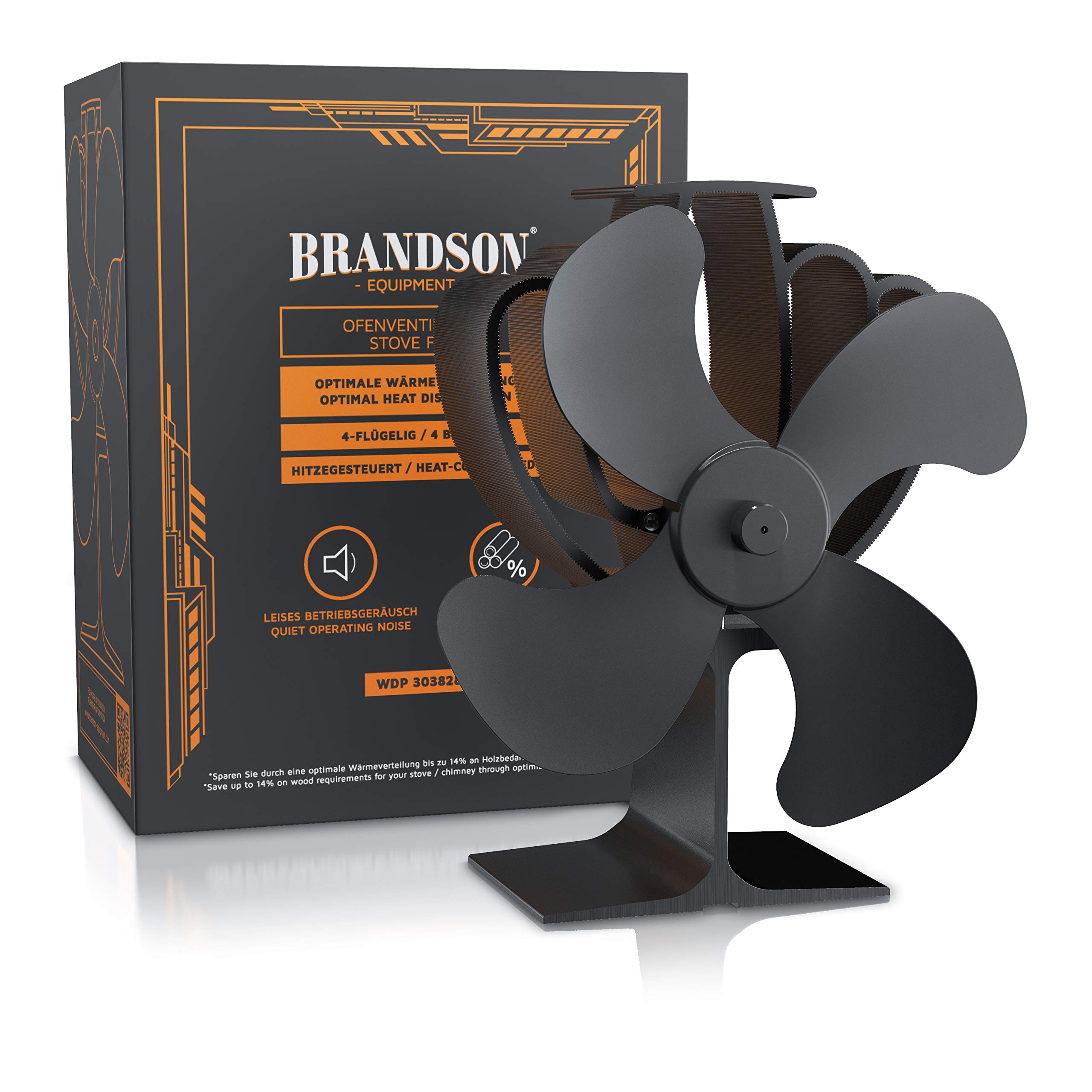 Brandson - Ofenventilator wärmebetrieben - Kamin Ventilator - Lüfter für Kaminöfen Holzöfen Öfen - 4 Flügel Rotorblätter – Rotordurchmessser 180mm – Wärmeverteiler ohne Strom – schwarz