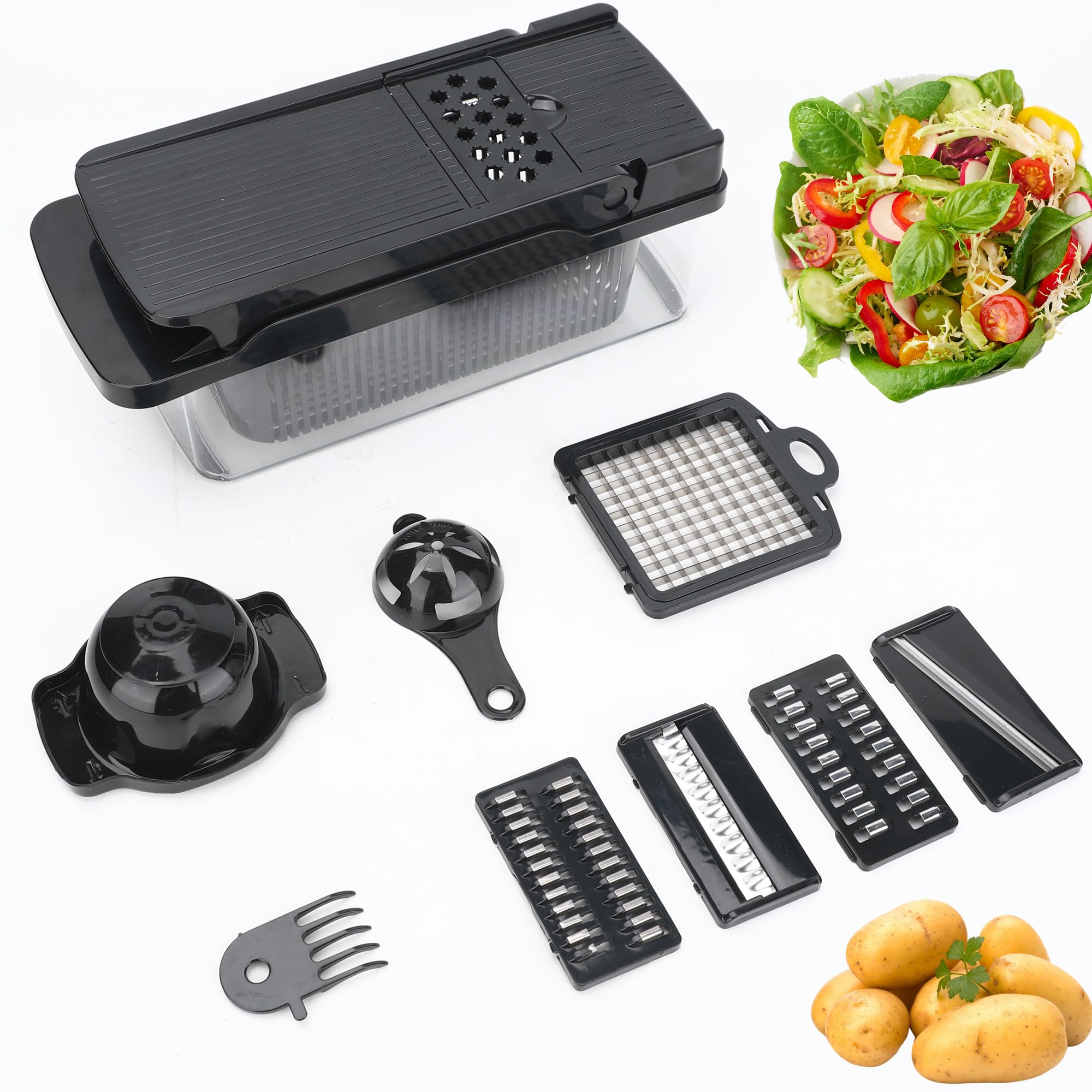 Picador de verduras 14 en 1 con cuchillas de acero inoxidable – Picador multifuncional de cebolla, cortador de mandolina, cortador de alimentos, juego de cortador de cocina y electrodomésticos y 3