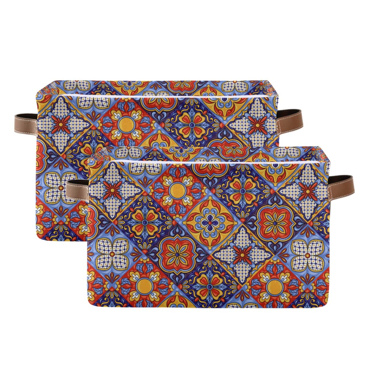 KEEPREALFoldable Storage Baskets Set of 2, Mexican Ceramic Tile Pattern Storage Bins with Handles, Decorative Cloth Organizer Storage Boxes for Home|Office 15 x 11 x 9.5 in