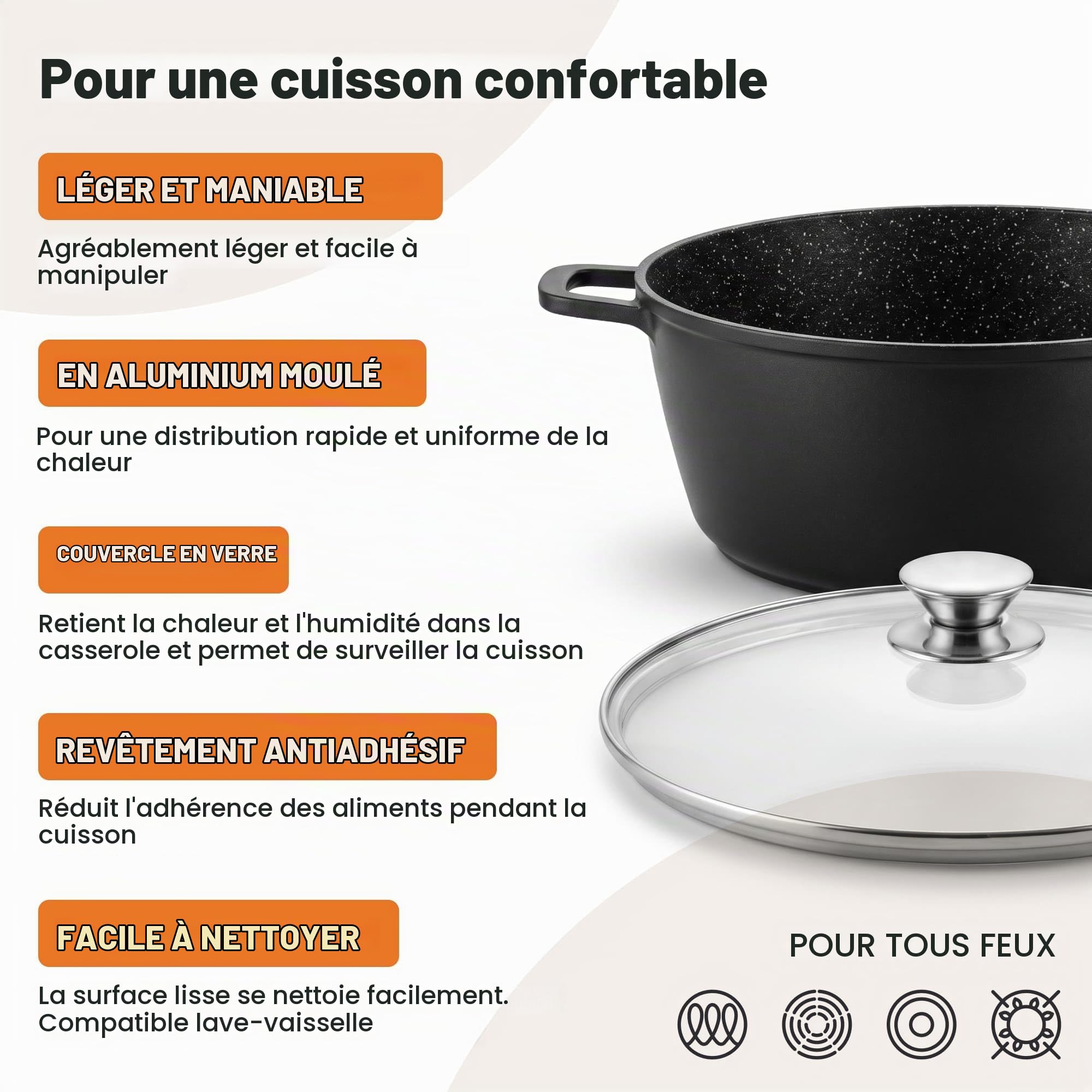 Casserole 13 L Marmite à soupe en fonte d'aluminium antiadhésive casserole à lait induction cocotte 36 cm avec couvercle en verre rôtissoire