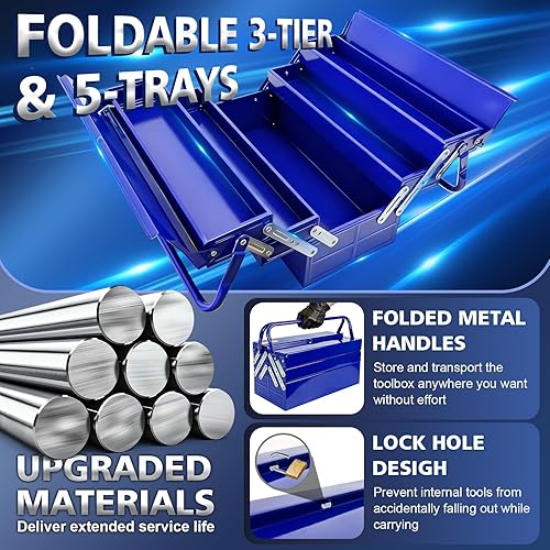 Miniatura 3 de Caja de Herramientas Cantilever de Metal, Caja de Herramientas de Acero Plegable de 3 Niveles 5 Bandejas con Asa, Caja de Almacenamiento de