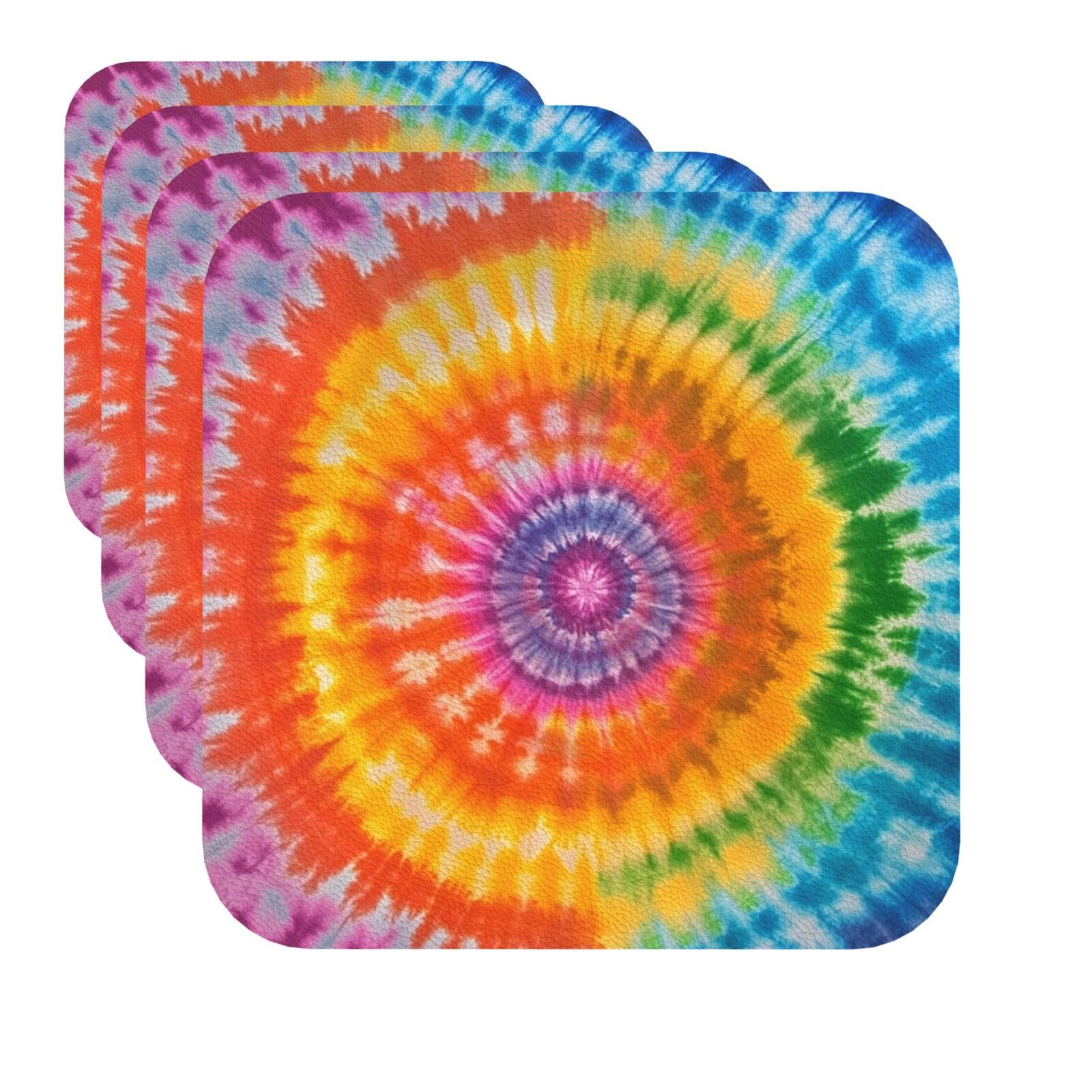 Drink Coasters Set of 4 Quick-Dry Leather Coaster tie dye rainbow Coasters for Drinks Coffee Cup Mat Tabletop Protection Heat Resistant Coaster for Kitchen Bar Office Home Decor