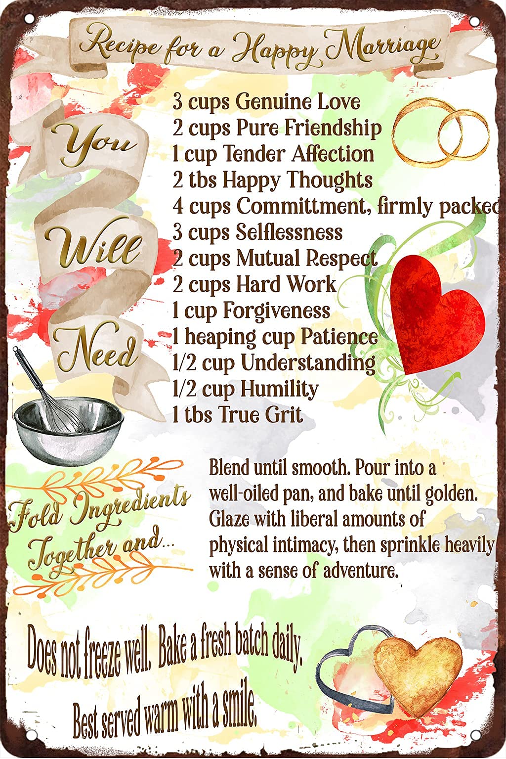 Lawenp Happy Marriage Recipe Wedding Home Vintage Wall Decor Bar Decor Aluminum Sign for Home Kitchen Bar Funny Sarcastic Metal 8 x 12 Inches Tin Sign