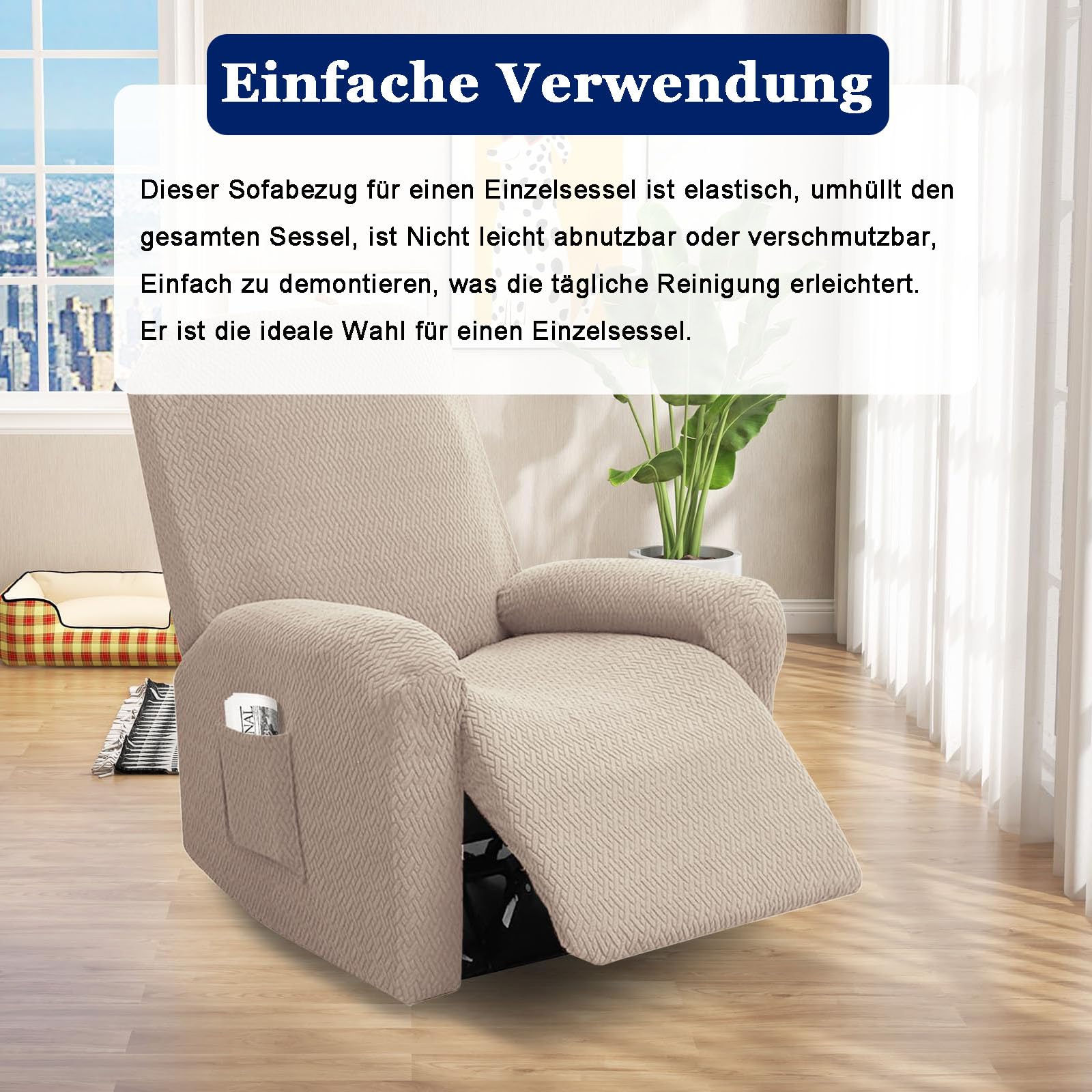 Fodera per Poltrona Relax, 4 pezzi Copridivano Elastico in Peluche con Tasche, Copridivano Elastico, Rivestimenti lavabili per poltrone da relax, per poltrona reclinabile (Grigio Marrone)