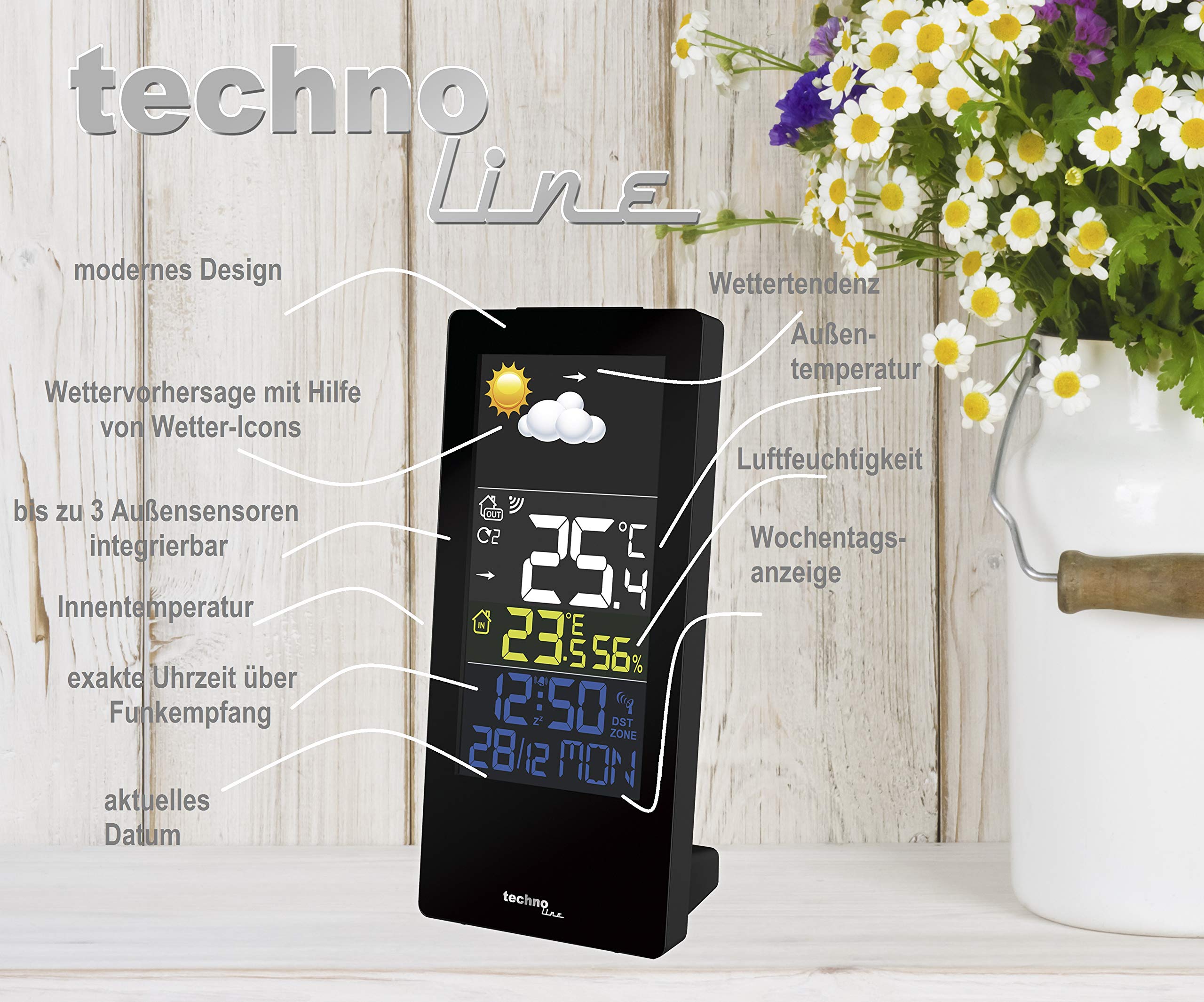 Technoline WS 6446 - Stazione Meteo Radio con sensore Esterno, termometro Digitale, per Interni ed Esterni, umidità con previsioni Meteo, Pressione atmosferica, visualizzazione a Colori, Sveglia
