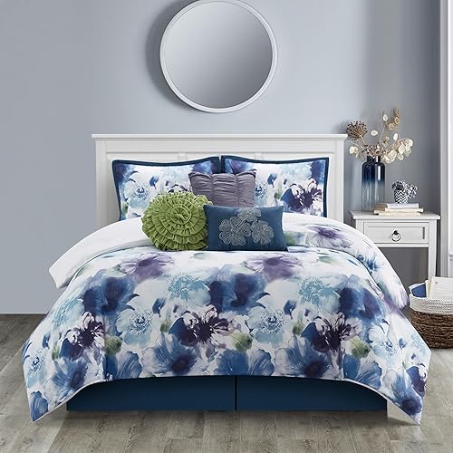 Grand Avenue Juegos de ropa de cama azulpúrpura tamaño Queen con edredón, 7 piezas, decoración para el hogar, microfibra ligera premium, falda de