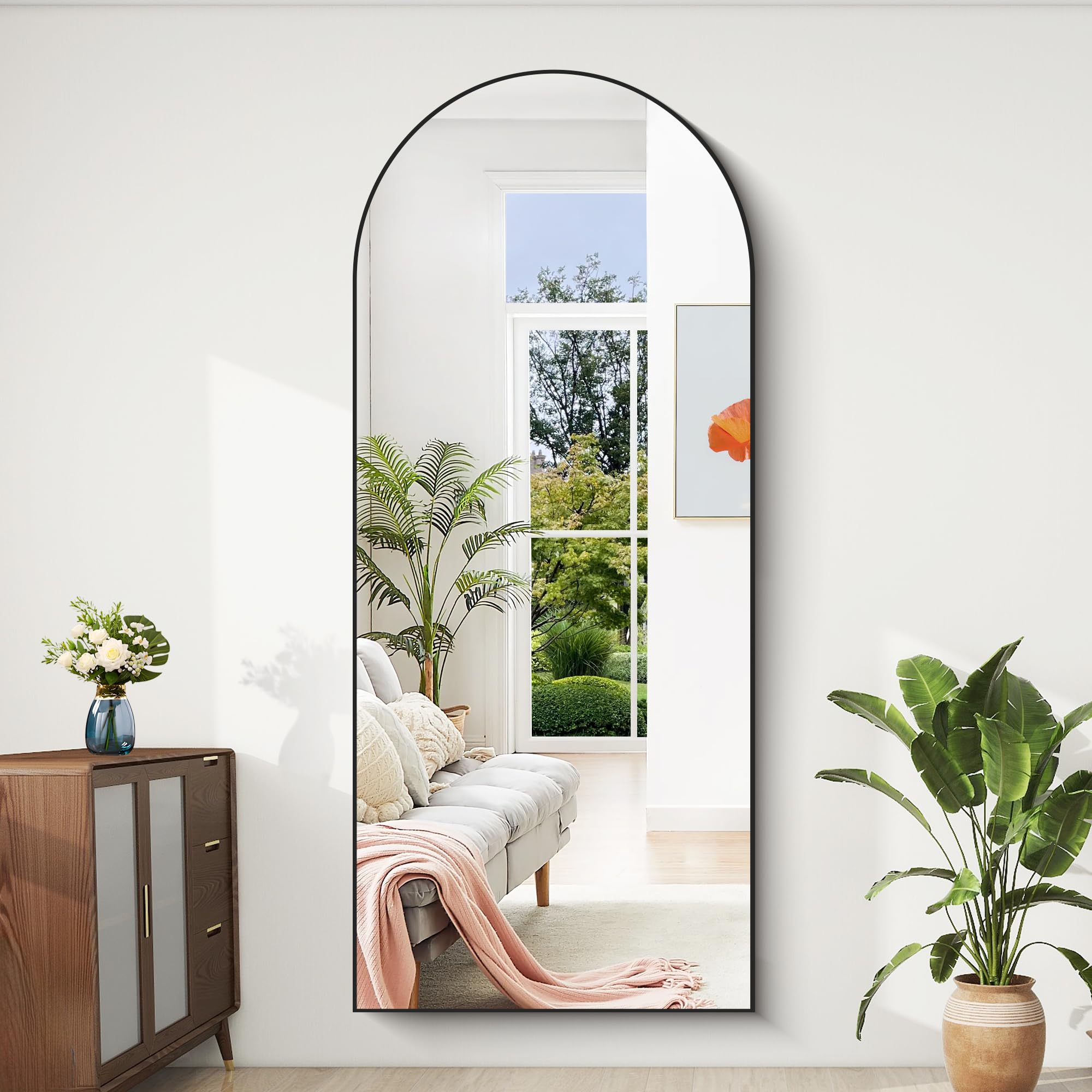 BONEWEI Ganzkörperspiegel 179x65cm, Bogen Standspiegel Ganzkörperspiegel mit Schwarzer Aluminiumrahmen, Groß Gewölbter Wandspiegel zum Stehen, Anlehnen oder Hängen für Wohnzimmer Schlafzimmer Flur