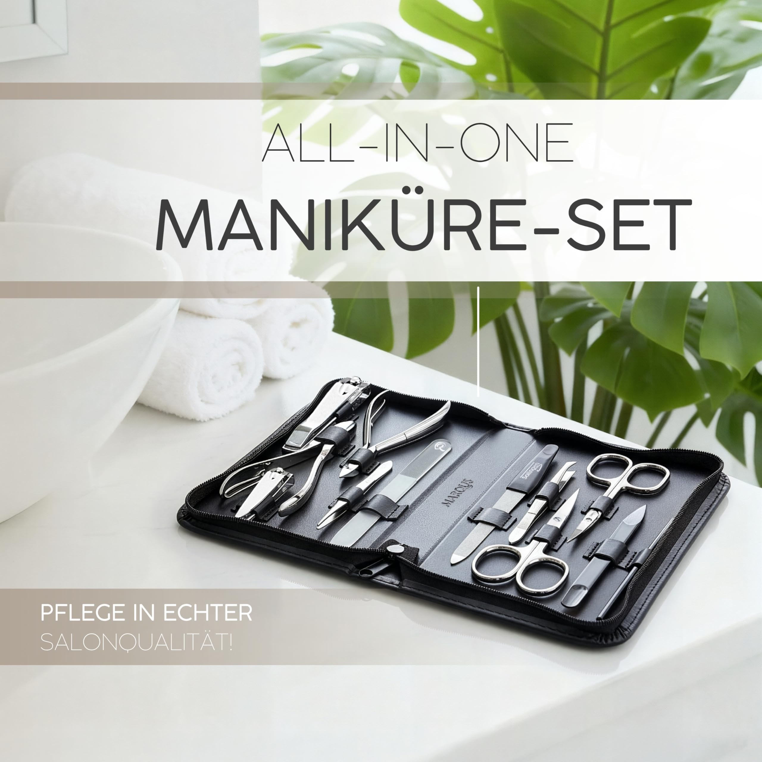 Marqus Solingen Komplett Maniküre Set 12 Teilig - Made in Germany, Nagelpflegeset in Hochwertigem Lederetui - Vollwertiges Set Und Perfektes Geschenk Für Frau & Mann