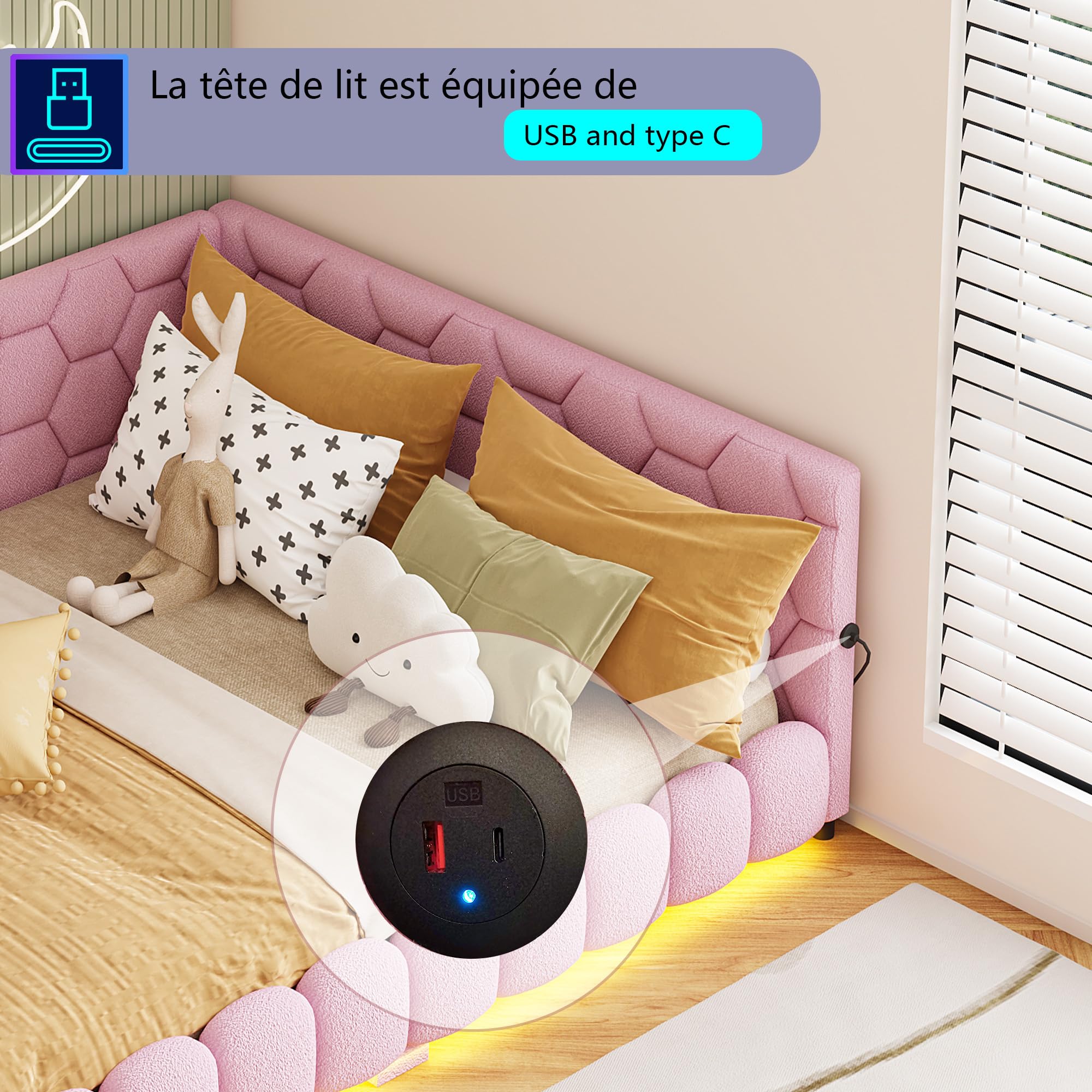 FEEOHOME Sofá cama tapizado de 140 x 200 cm, sofá cama con LED y USB, cama multifuncional con somier y patas para habitación infantil, salón, sin colchón (rosa)