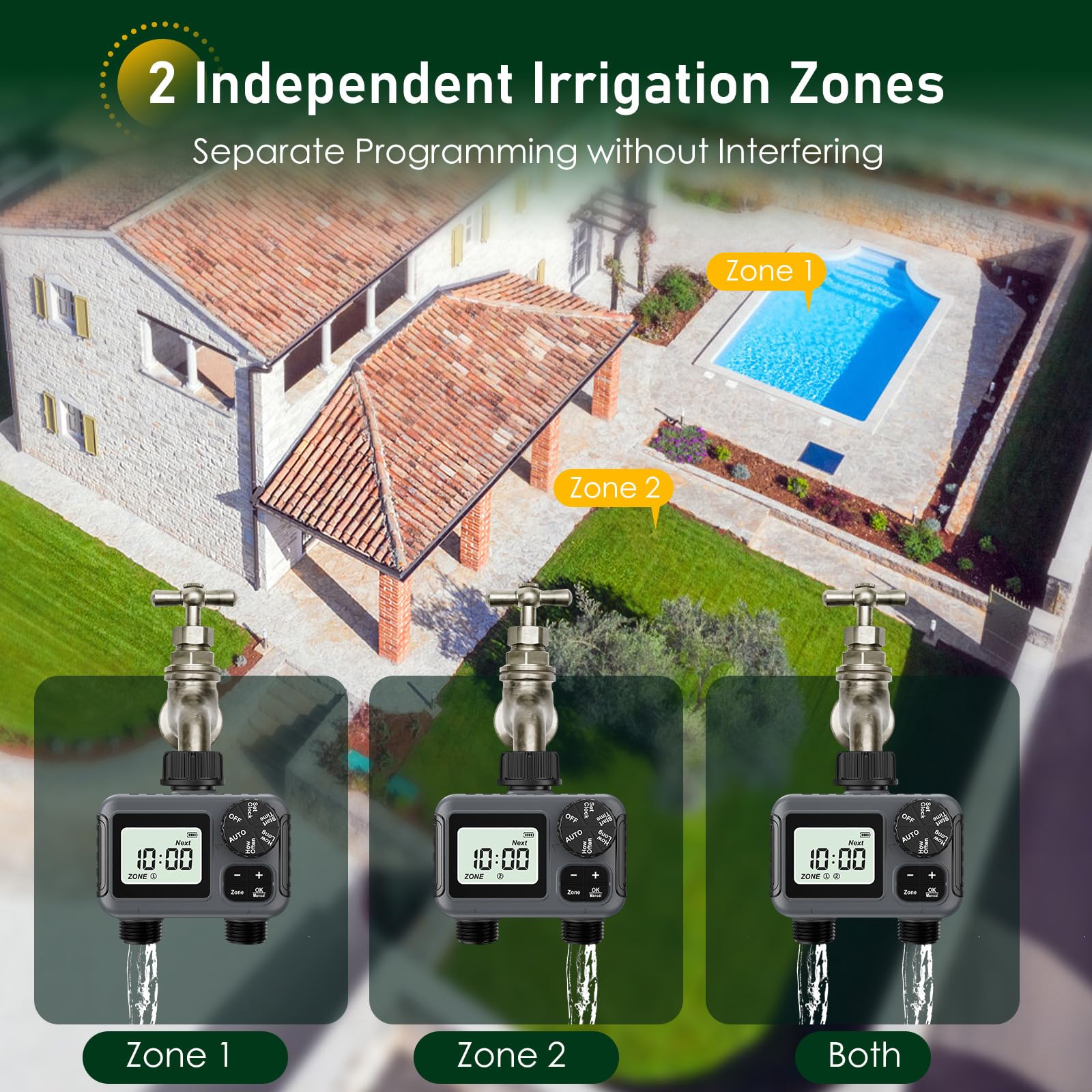 Temporizador de Riego 2 Salidas, Programador de Riego Automático con Retraso por Lluvia/Bloqueo para Niños/Riego Manual, Temporizadores de Mangueras de Jardín para Césped, IPX5 a Prueba de Agua