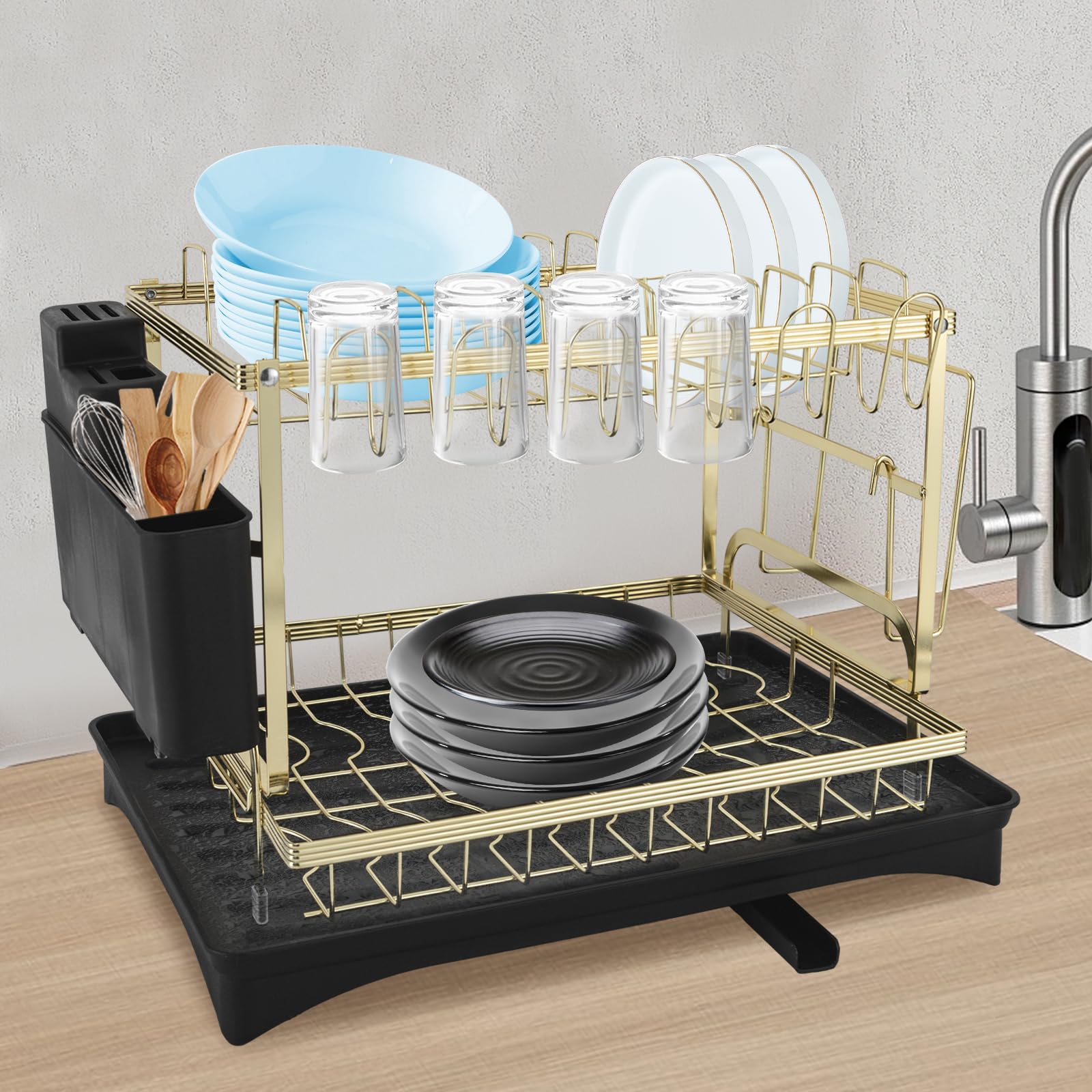 Égouttoir à vaisselle, en acier inoxydable, égouttoir à vaisselle, égouttoir à vaisselle à 2 niveaux, égouttoir à vaisselle, assiette et planche à découper (noir + doré)
