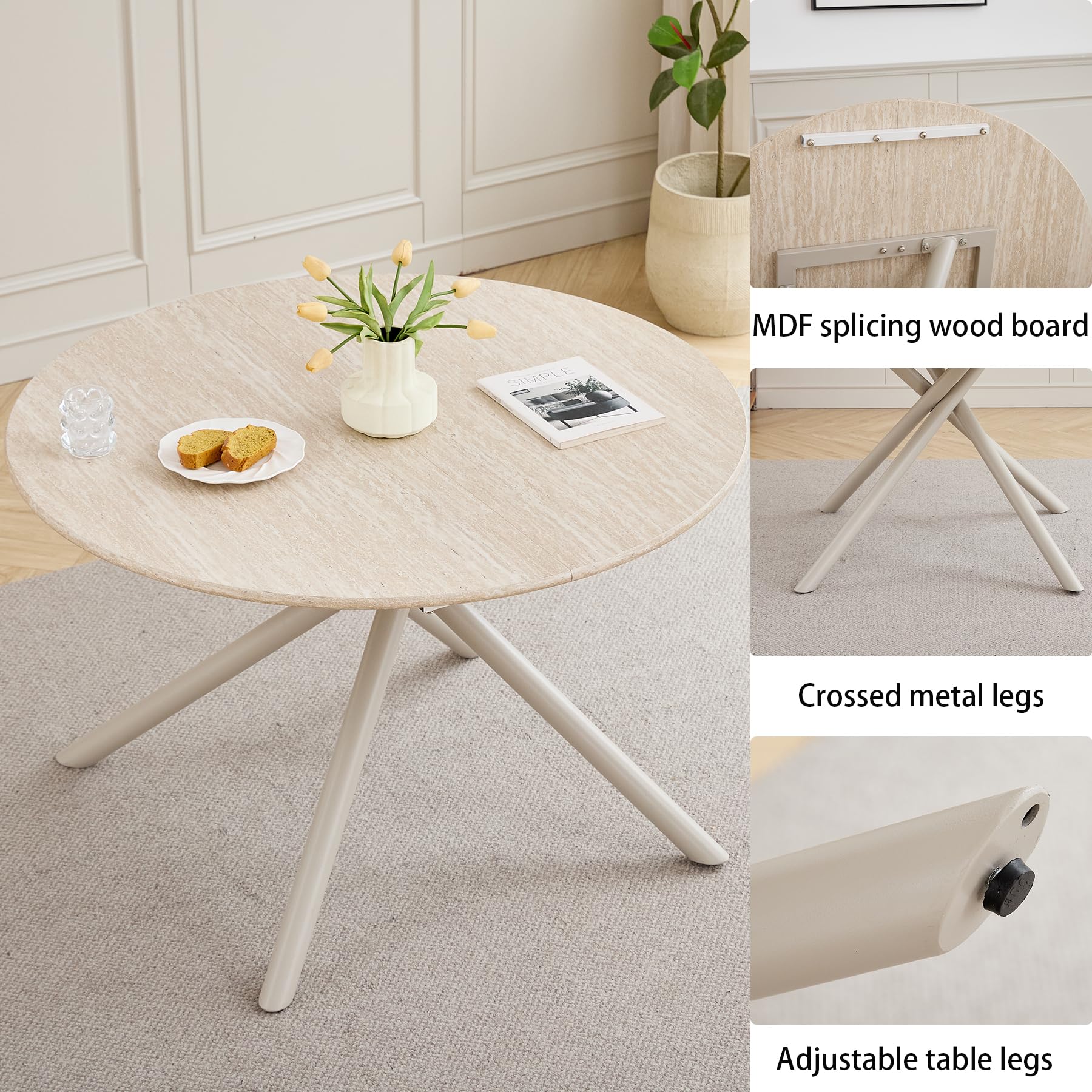 GrandCA HOME Set tavolo e sedie da pranzo nordico, tavolo da pranzo rotondo 115cm e 4 sedie da cucina imbottite, adatto per cucina, sala da pranzo e soggiorno (Travertino Giallo+grigio)