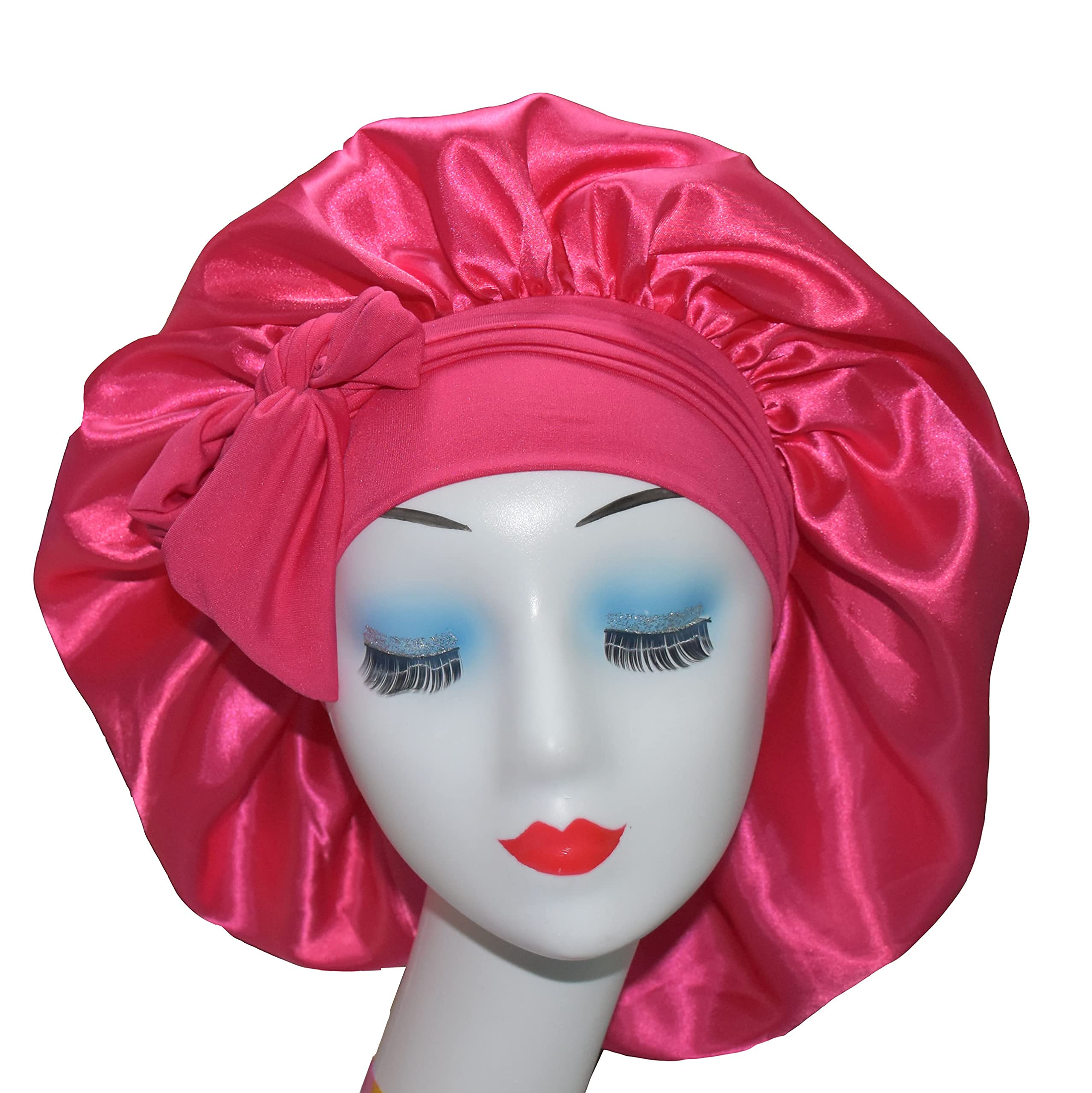 BONNET QUEEN Silk Bonnet for Sleeping Women Big Satin Bonnet Night Sleep Cap Wrap for Curly Hair with Adjustable Tie Band, Single Layer, Large, Hot PinkOEKO-TEX STANDARD 100