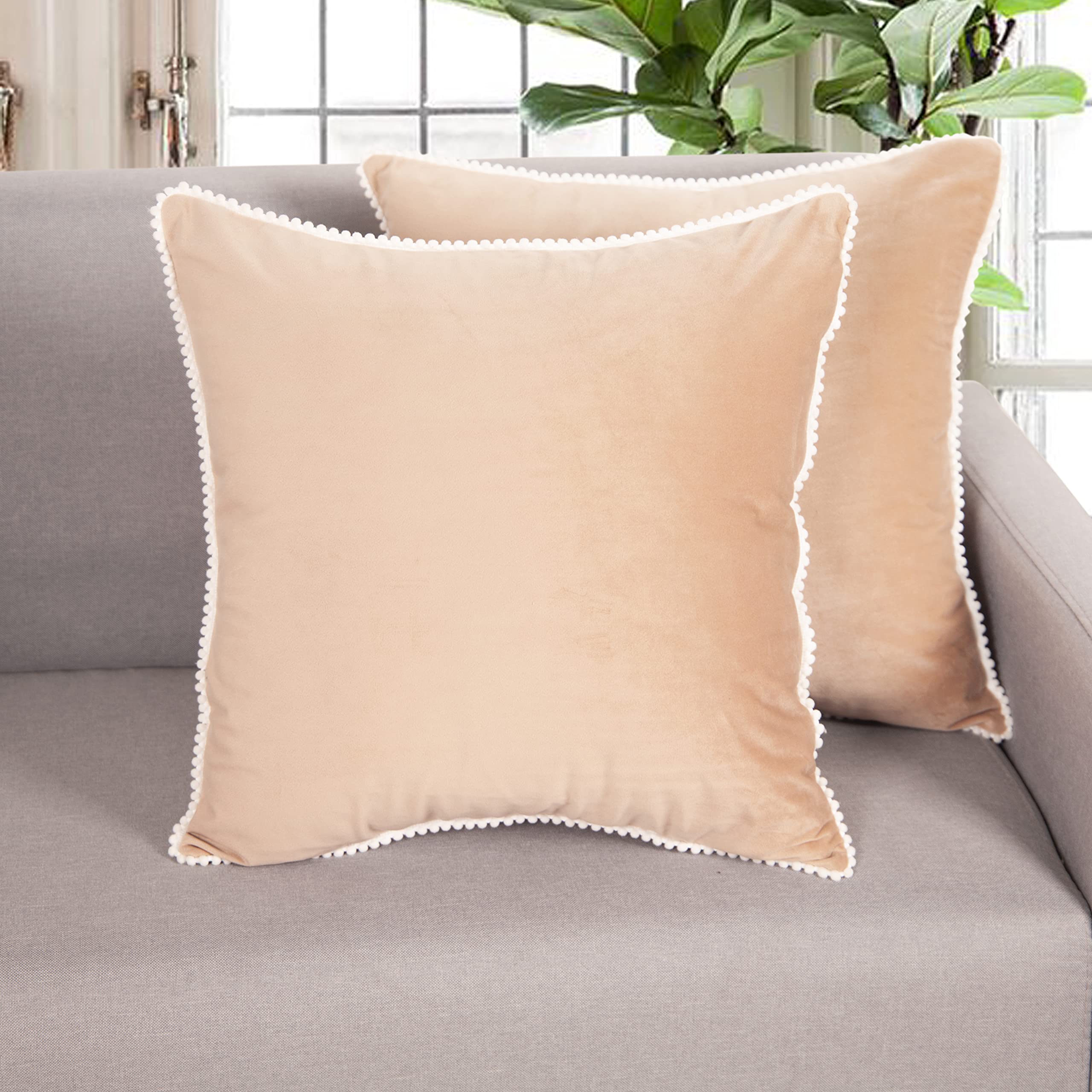 MerrycolorVelvet Pillow Covers with Cute Pom Poms Decorative Throw Pillow Cover 18x18 Inches Set of 2,Pink