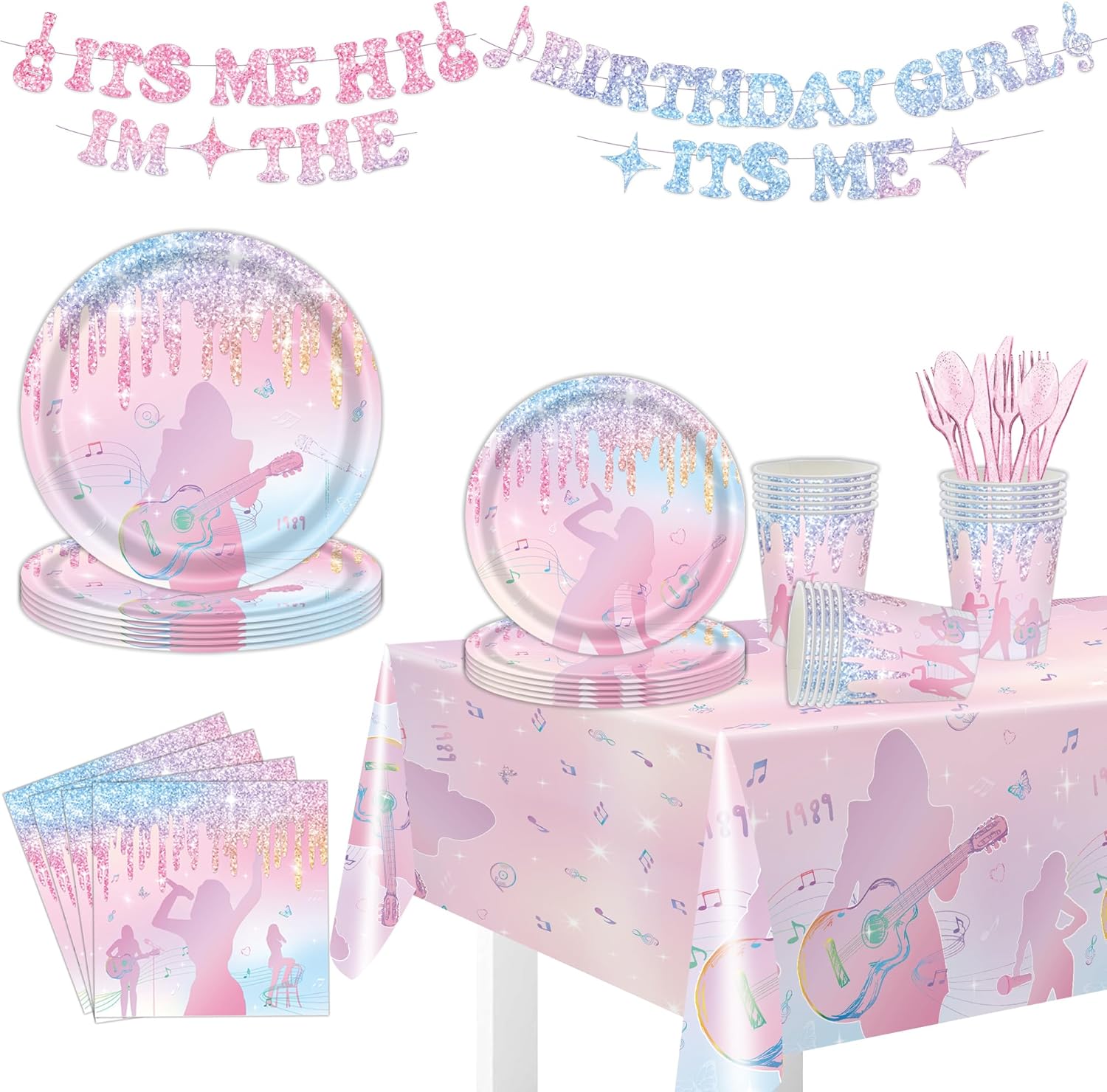 142Pcs It's Me Hi I'm the Birthday Girl Party Supplies Music Singer Concert Fans Birthday Party Disposable Tablewares Decorations Paper Plates Cups Napkins Banner Tablecloth for 20 People