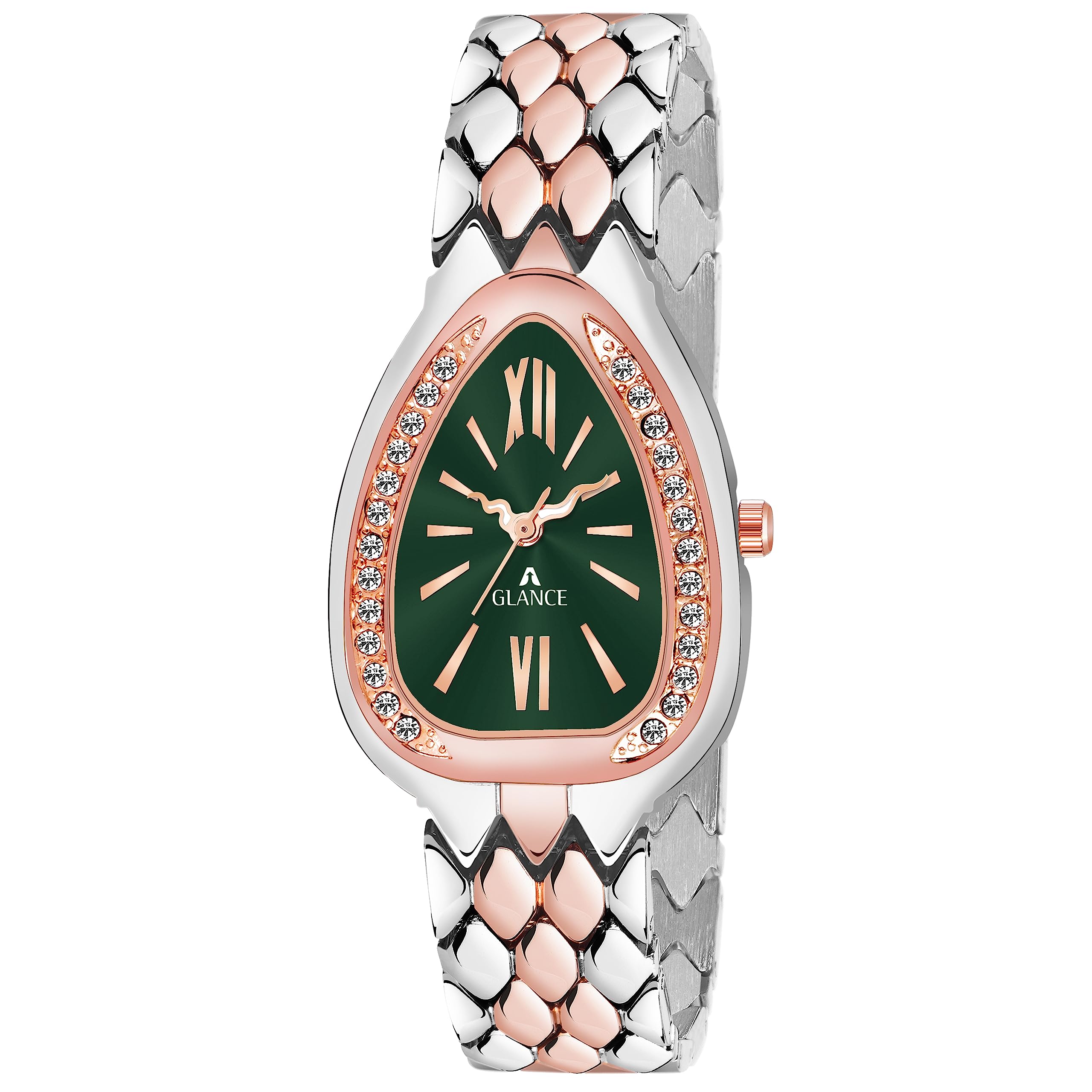 AglanceGreen Dial Rose Silver Cobra Chain Analogue Watch For Girls | Dial Metal Watch Bracelet For Women And Girls