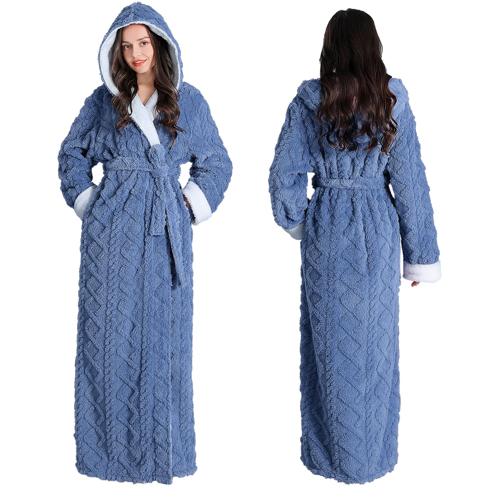 Oksun Womens Long Fleece Robe: Soft Fluffy Jacquard Warm Hooded Bathrobe