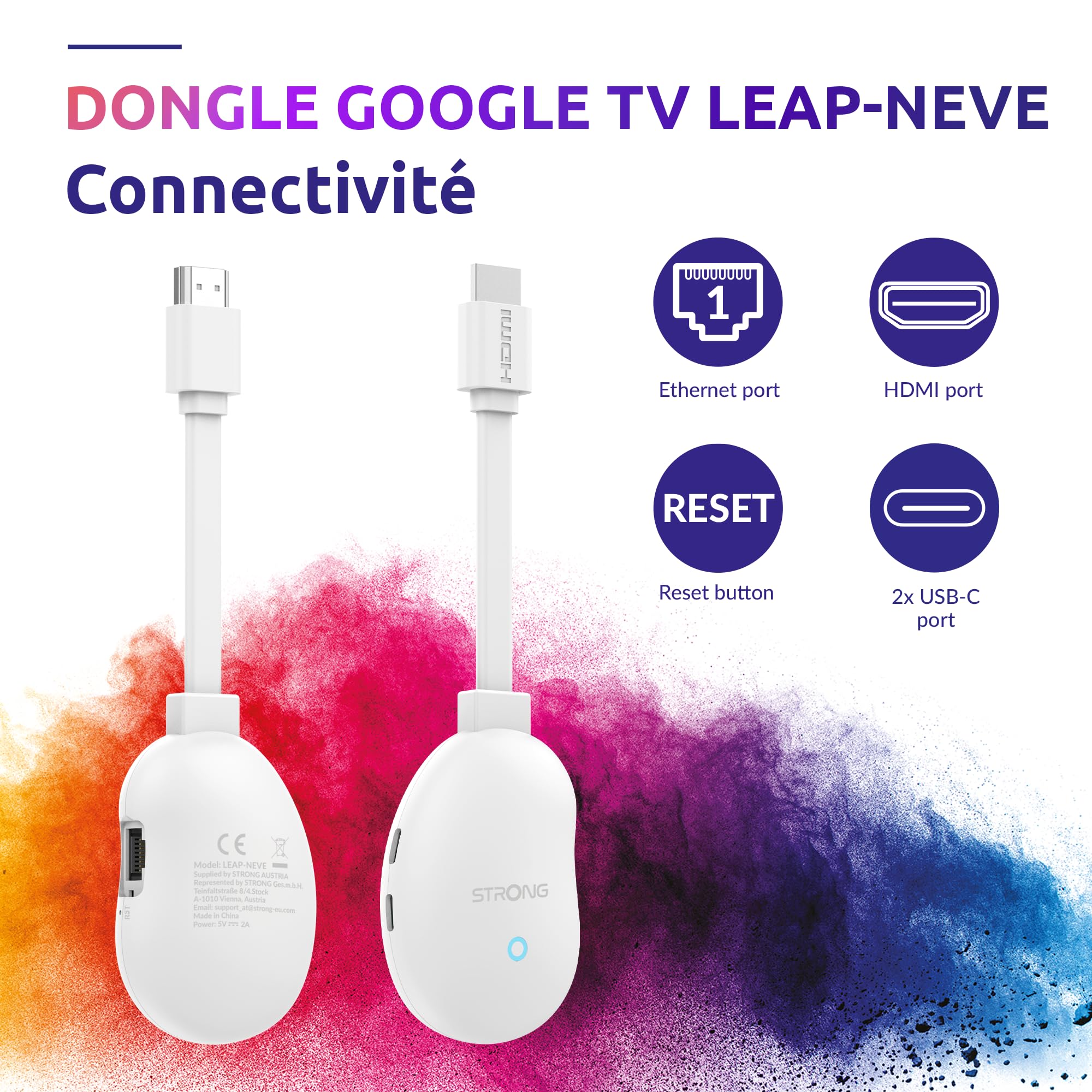 STRONG Leap-Neve 4K UHD Streaming Stick, Dolby Vision et Audio, HDR10+, 2 Go De RAM + 8 Go De Stockage Flash, WiFi 6, Android 12, Port Ethernet, HDMI 2.1 - Blanc