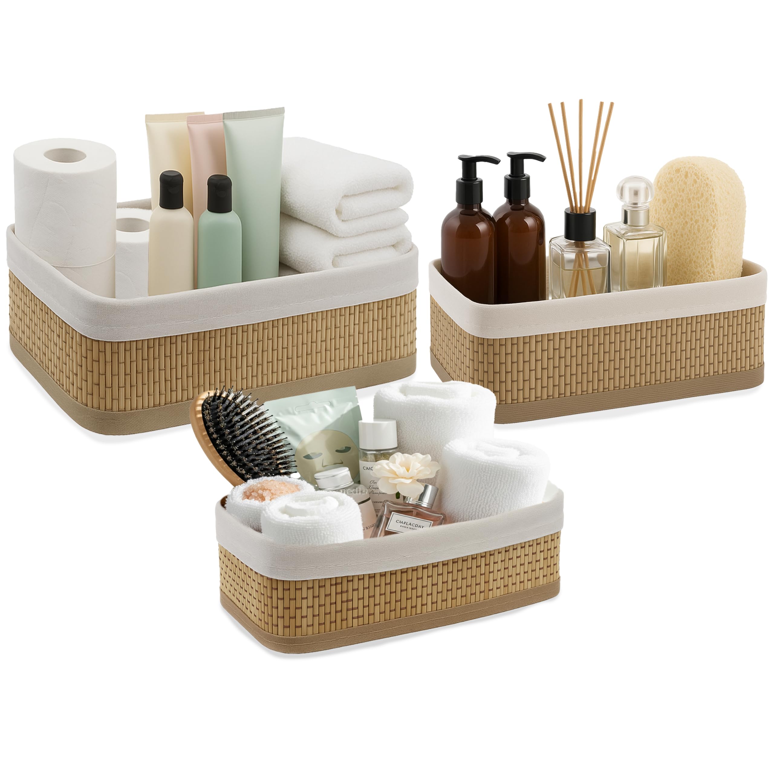 MantraRaj Bamboo 3PCS Rectangular Shelf Basket Set 3 Storage Bins - Storage Shelf Baskets with Lining Storage for Closet Drawer & Cupboards For Closets, Shelves, Bathroom Accessories, Toys