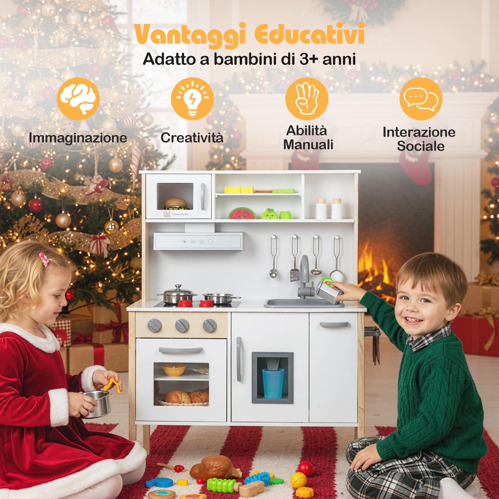GYMAX Cucina Giocattolo per Bambini, Set da Cucina in Legno Imitazione con Lavello Rimovibile, Cappa da Cucina e Fabbricatore di Ghiaccio, 18 Accessori Completi, per Bambini da 3 a 6 Anni (Bianco)