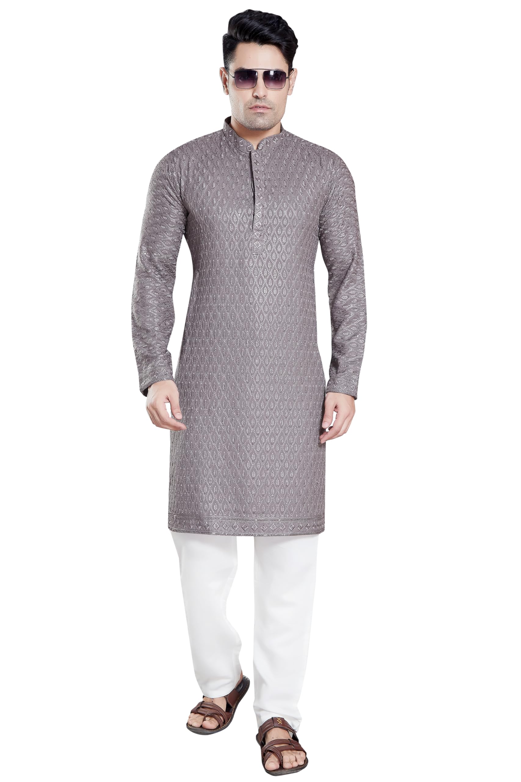 Divisive Men's Sequince Embroidered Cotton Blend Only Slim Fit Kurta (Dkrt114_L_Grey)
