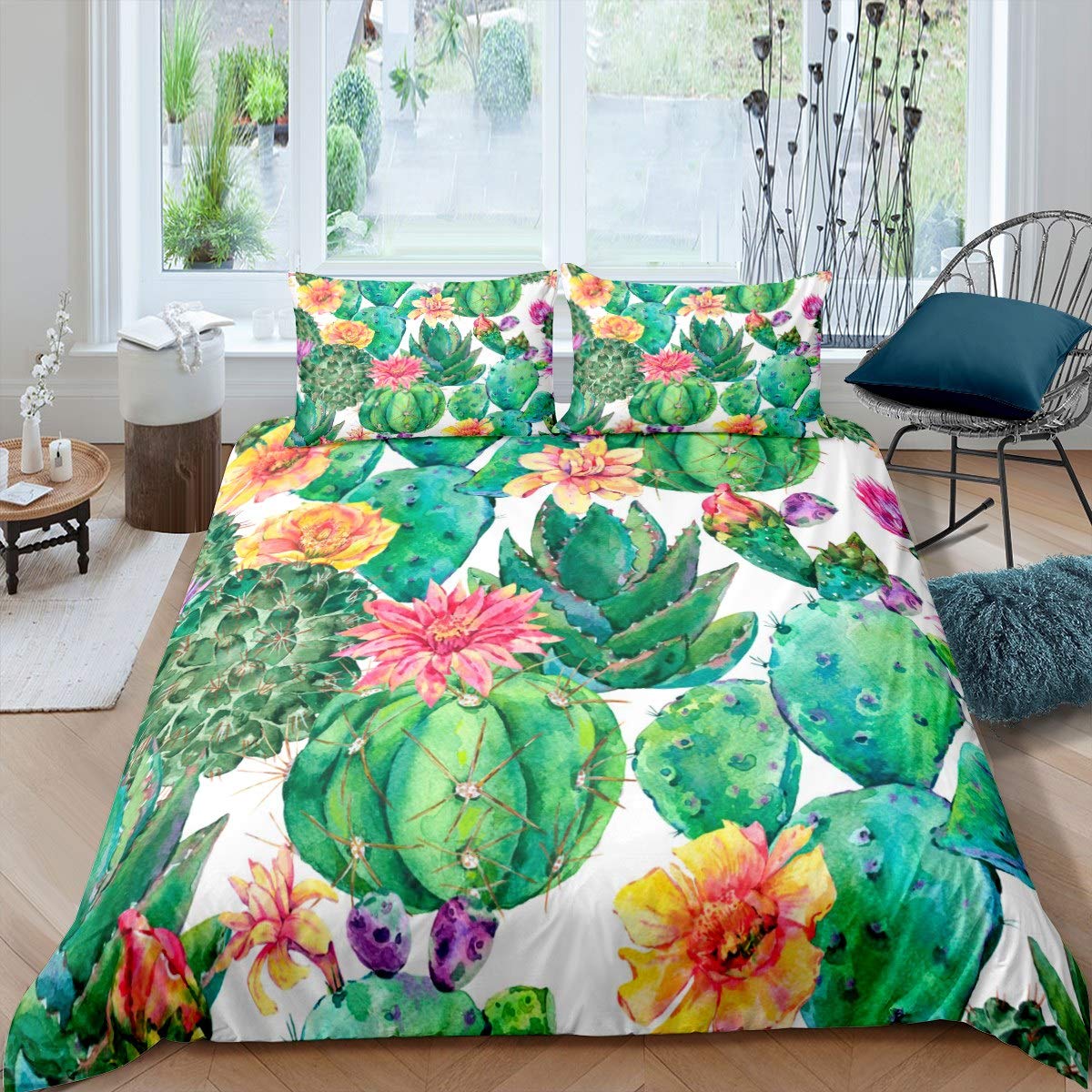 Feelyou Cactus Bedding Set Boho Succulent Duvet Cover Set for Kids Women Adults Botanical Floral Comforter Cover Blossom Flowers Bedspread Cover Bedroom Collection 3Pcs King Size