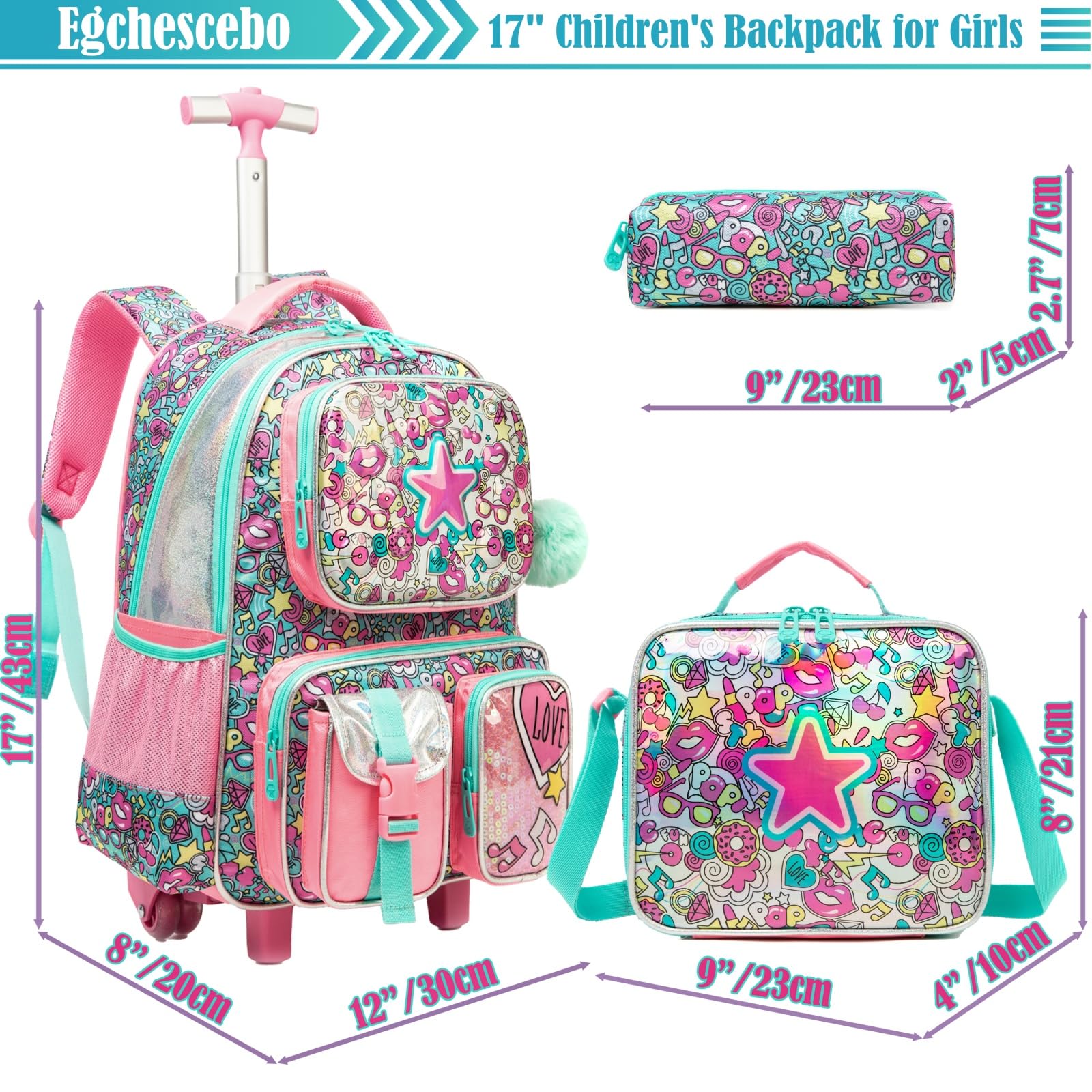 Zaino Trolley Elementare Bambina Ruote Regoli da 17” Viaggio Carrello